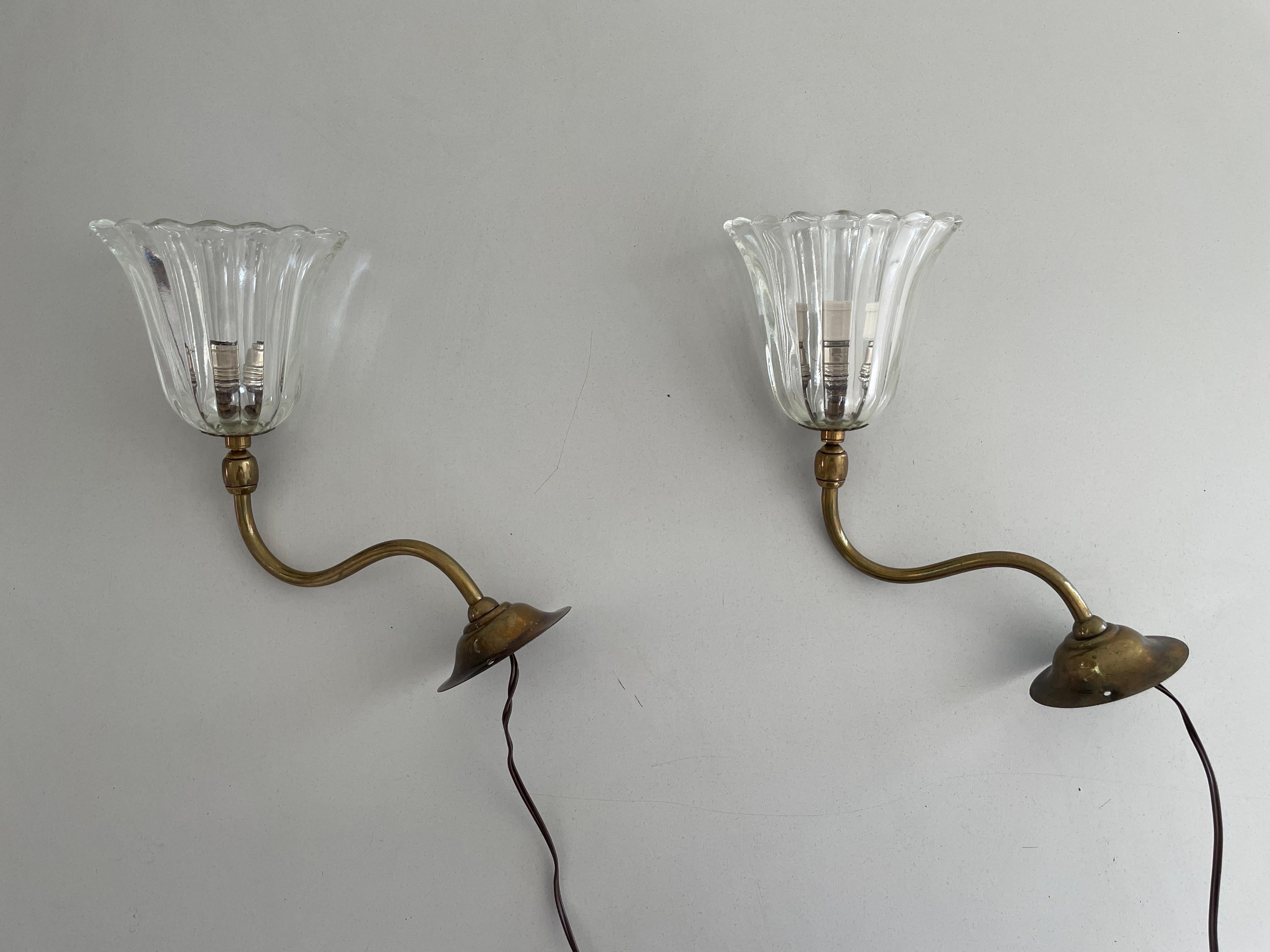 Mid-century Glass and Brass Pair of Sconces by Barovier & Toso, 1950s, Italy
 
Lampshade is in very good vintage condition.

This lamp works with E14 light bulb. 
Wired and suitable to use with 220V and 110V for all countries.

Measurements:
Height: