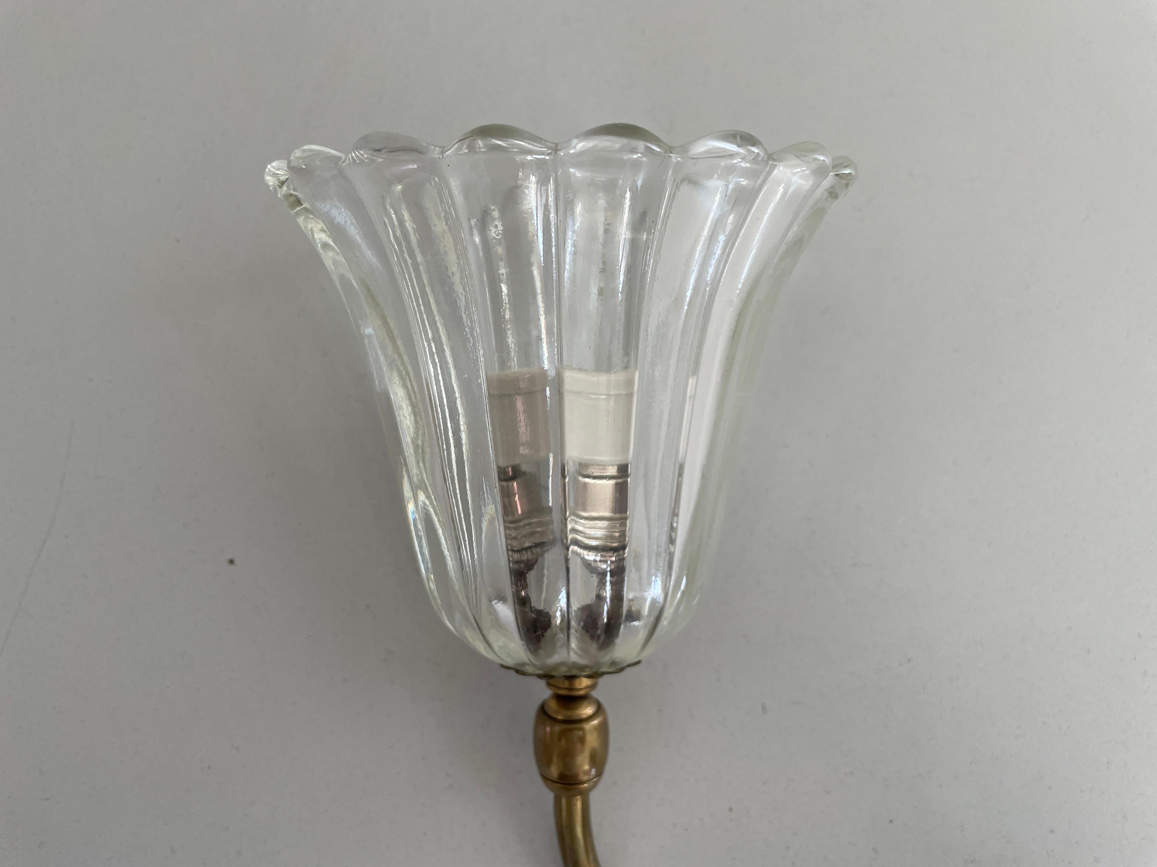 Mid-century Glass and Brass Pair of Sconces by Barovier & Toso, 1950s, Italy For Sale 1