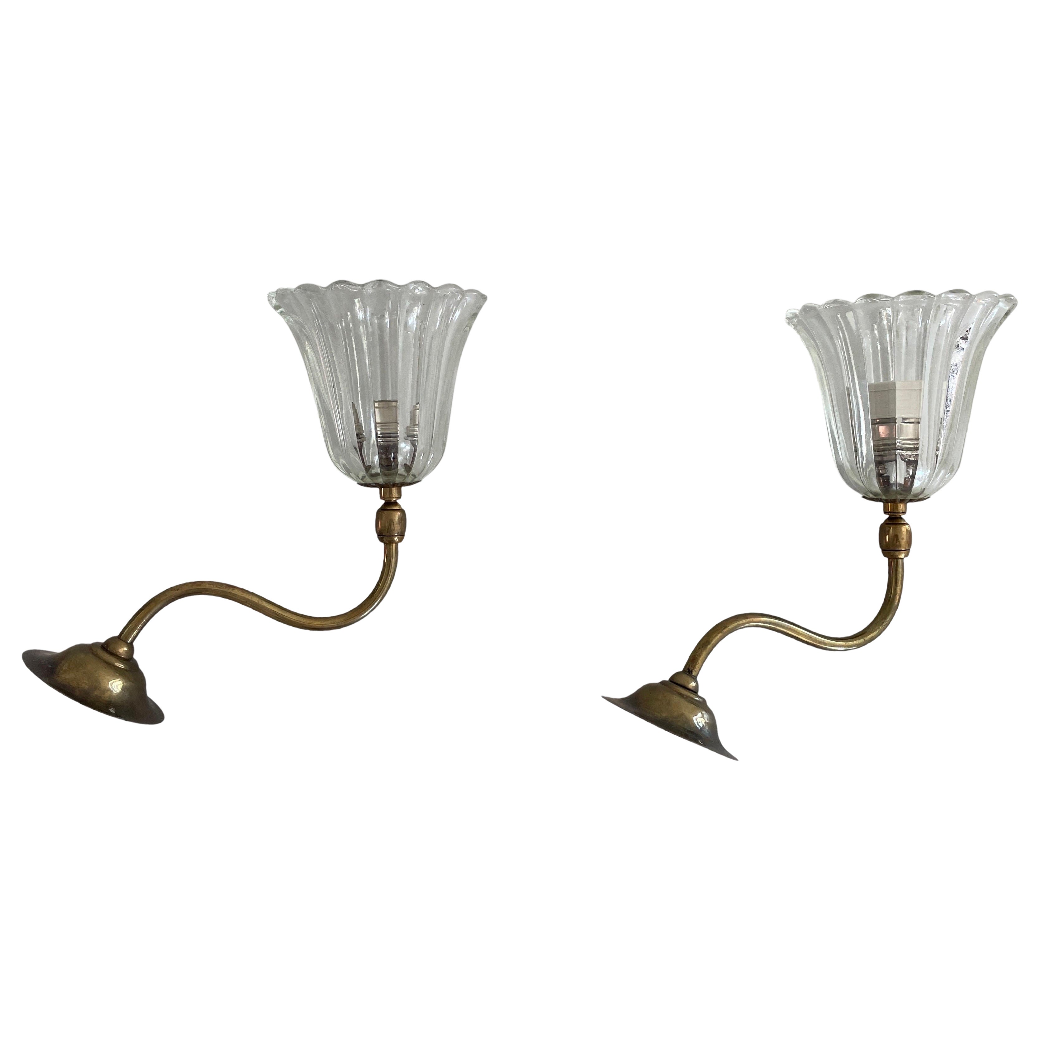 Paire d'appliques en verre et laiton du milieu du siècle par Barovier&Toso, années 1950, Italie