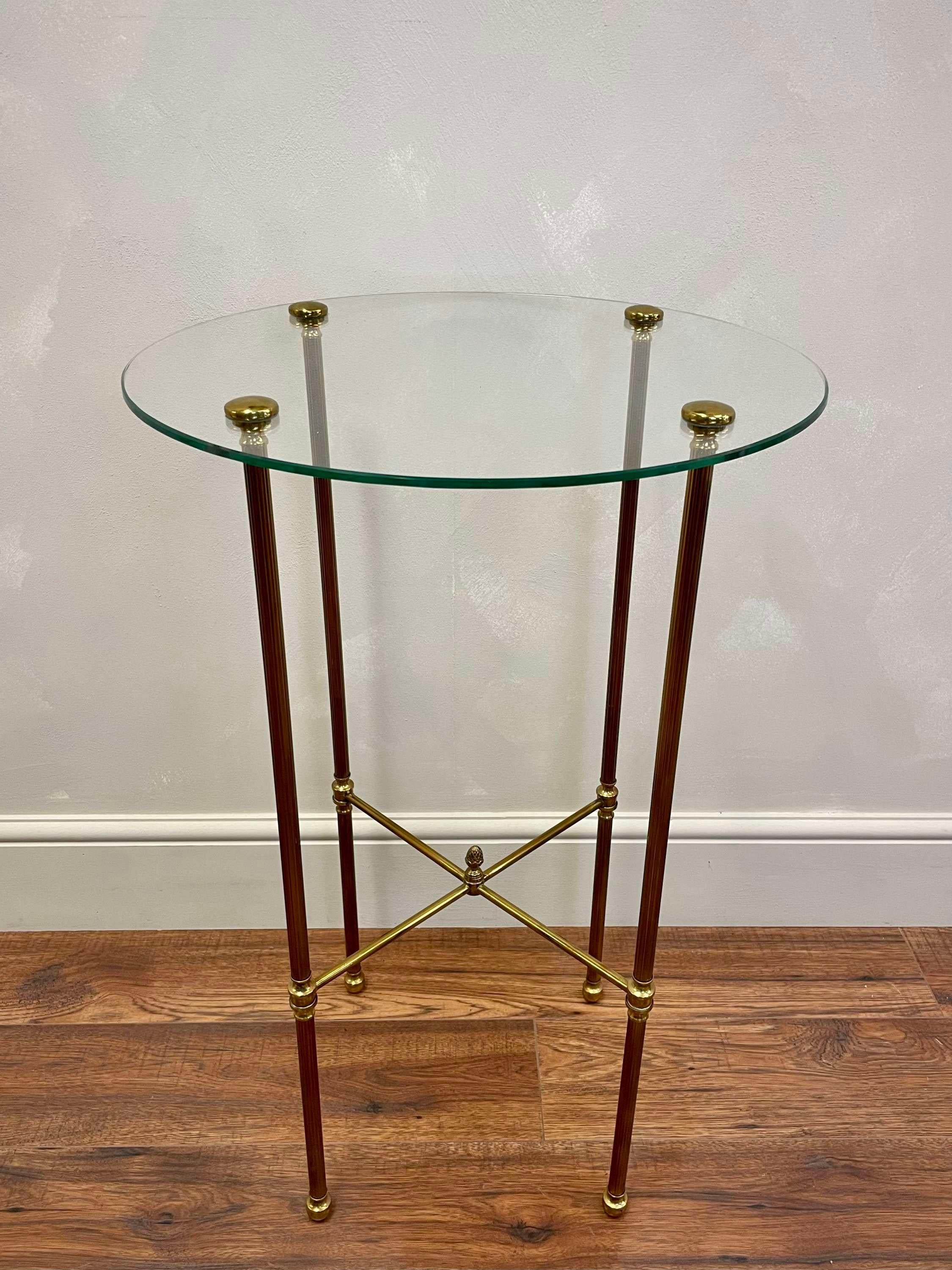 French Midcentury, Glass and Brass Round Side/ Lamp Table Maison Jenson Maison Bagues 