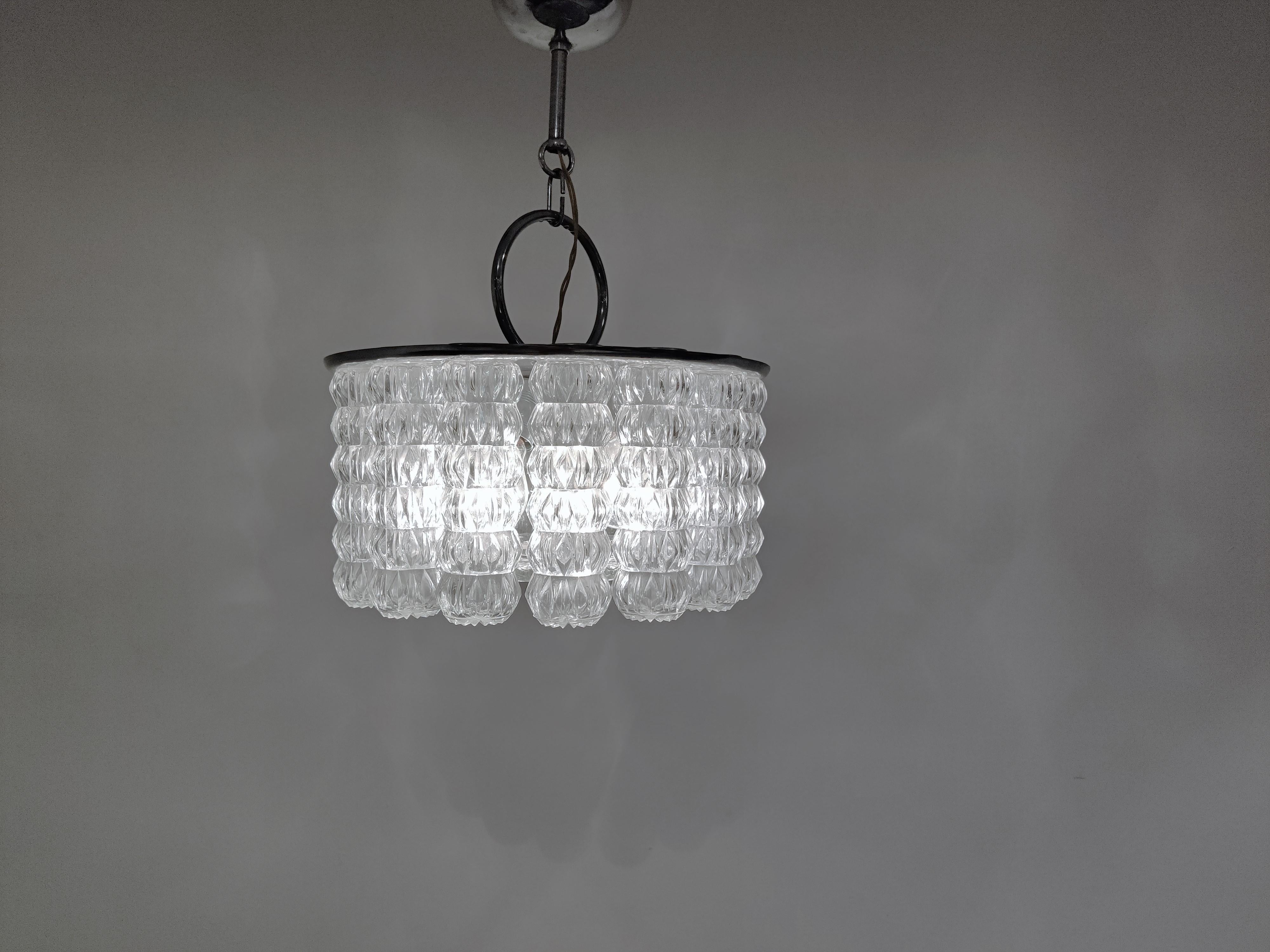 Belgian Mid Century Glass and Chrome Chandelier, 1960s For Sale