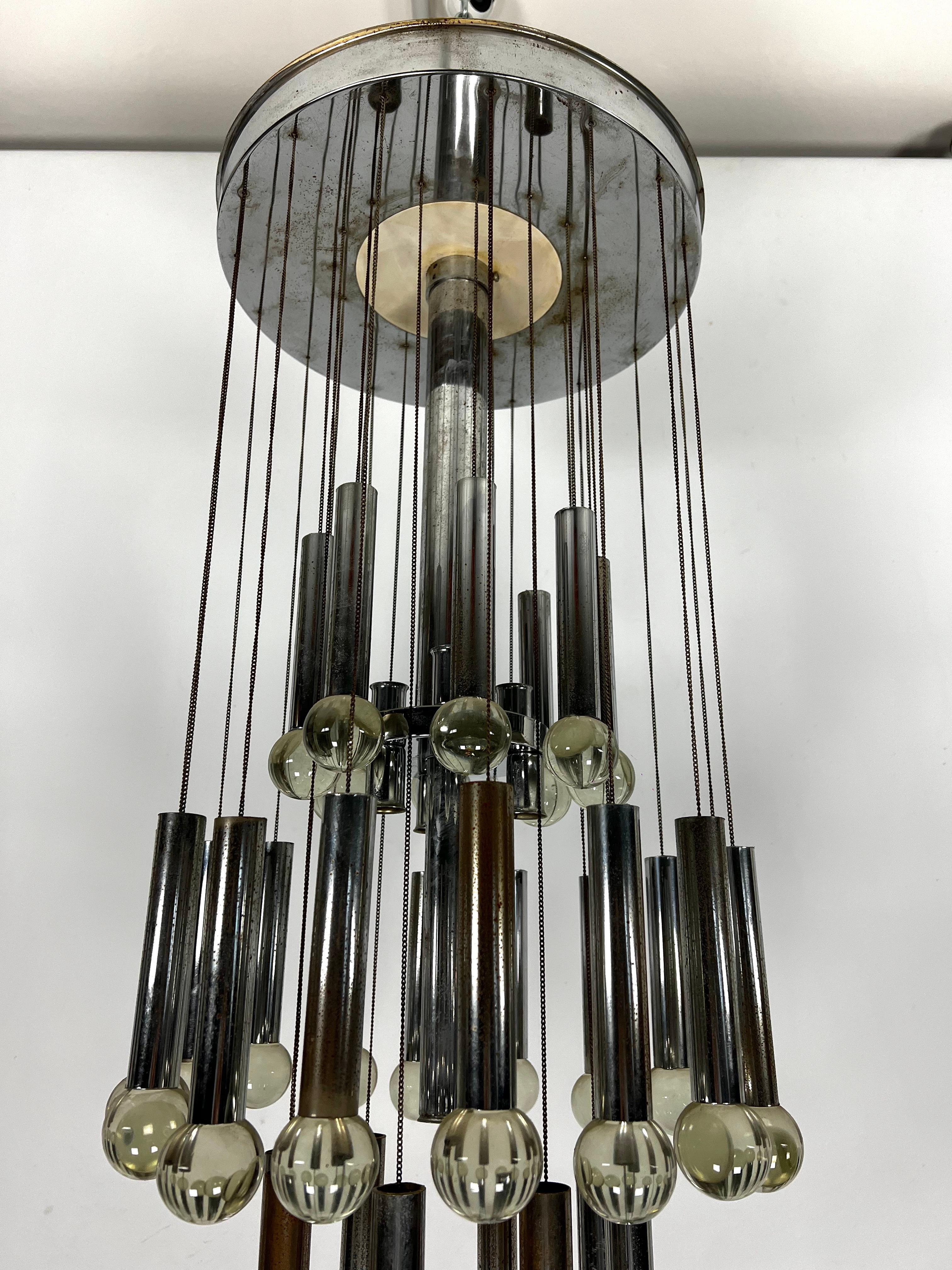 Italian Mid- Century glass and chrome chandelier by Sciolari. Italy 1960s For Sale