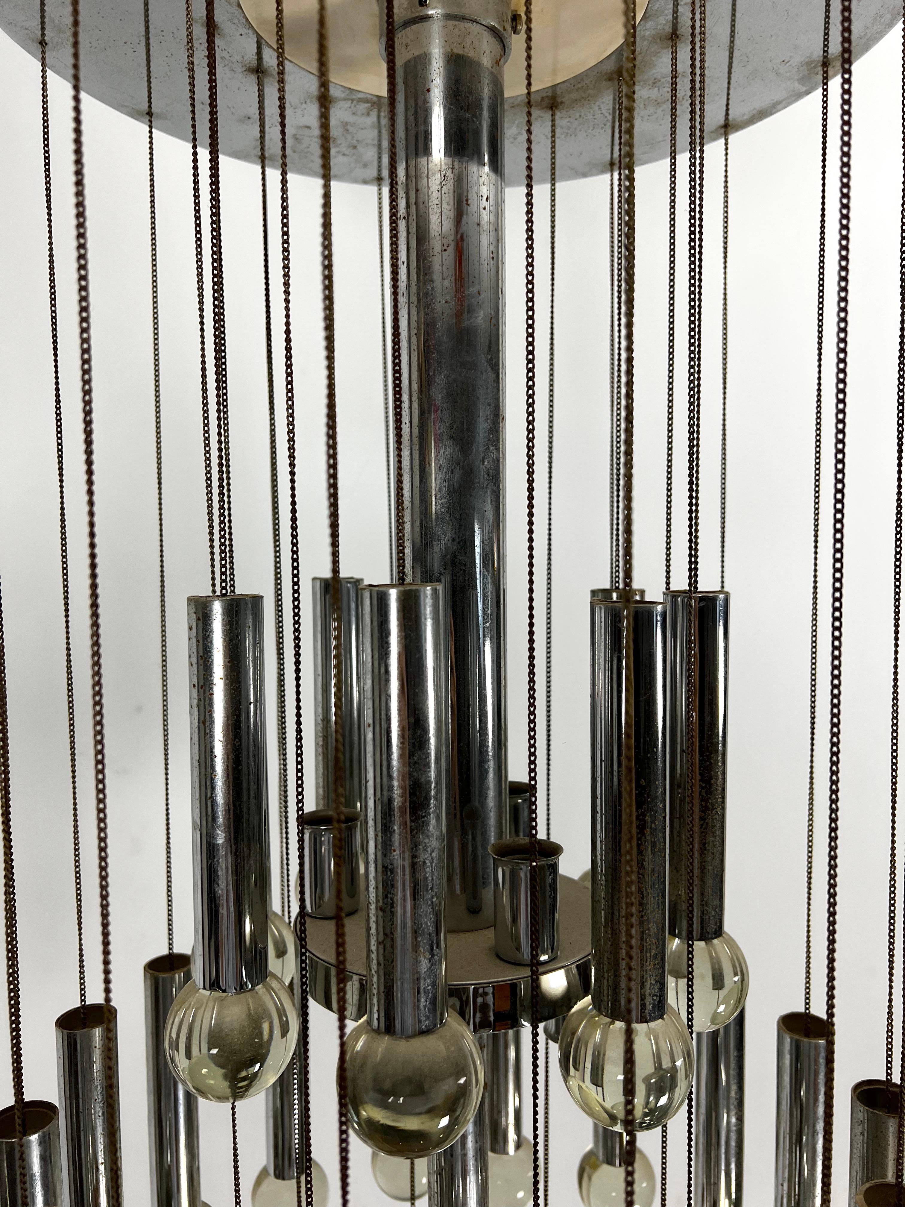 Glass Mid- Century glass and chrome chandelier by Sciolari. Italy 1960s For Sale