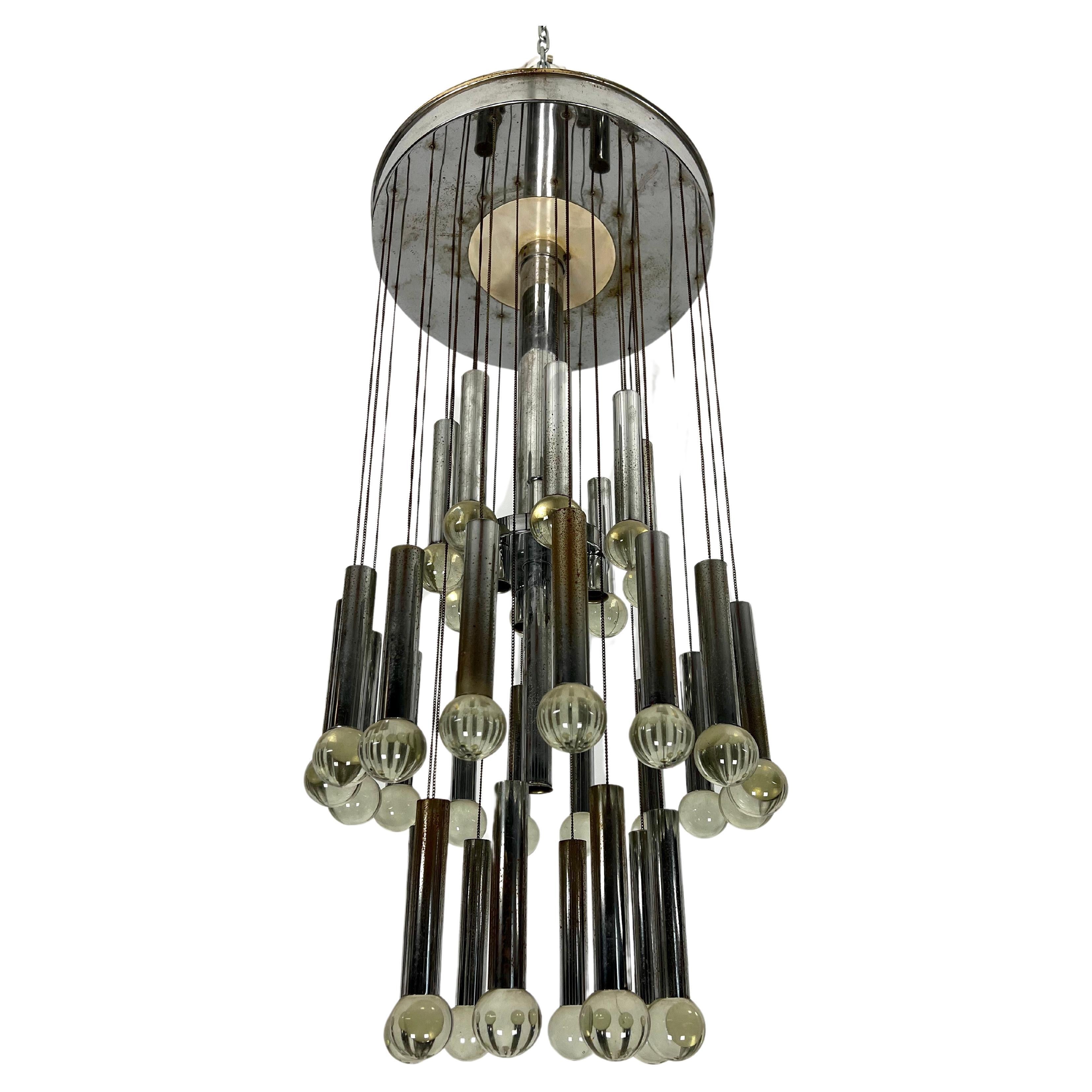 Mid- Century glass and chrome chandelier by Sciolari. Italy 1960s