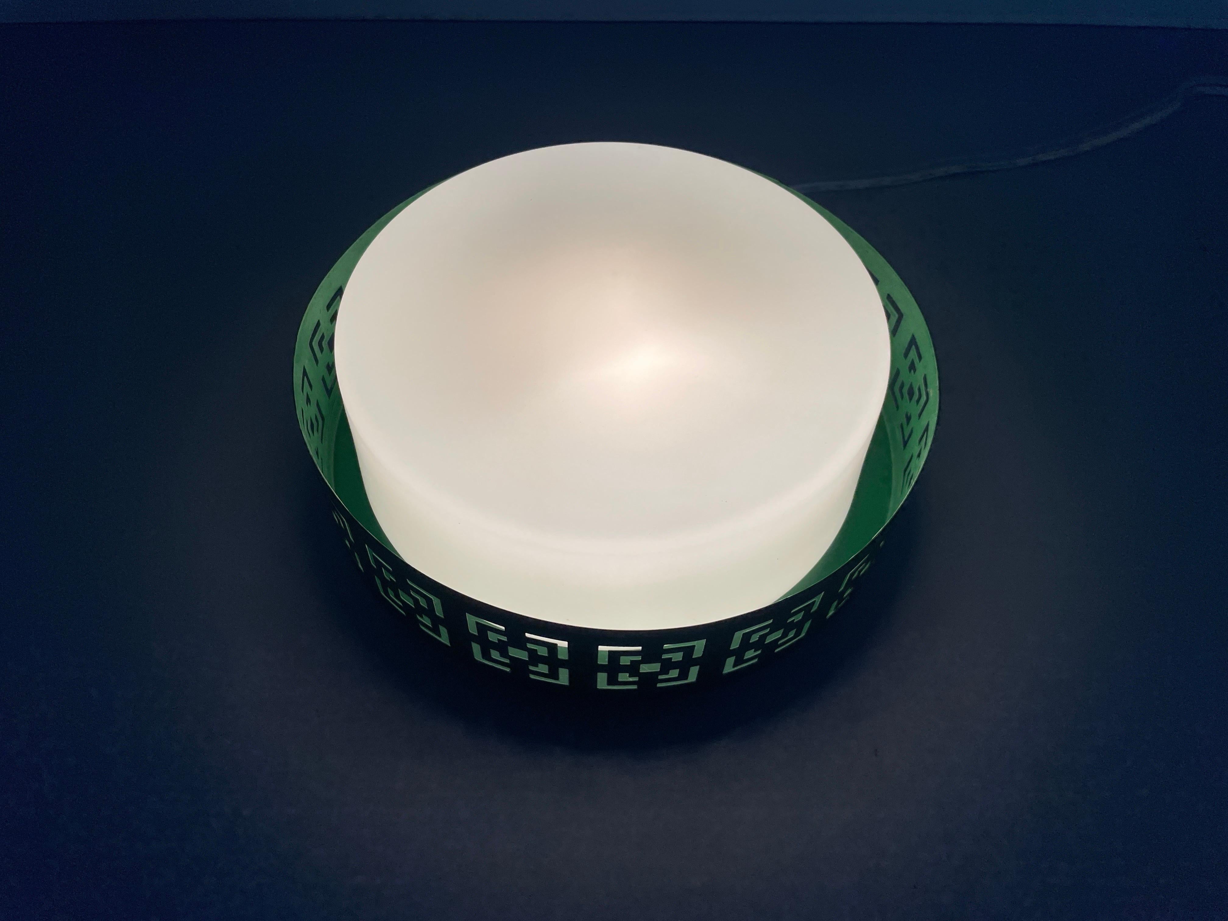 Mid-century Glass and Green Metal Flush Mount Light, 1950s, Germany For Sale 4