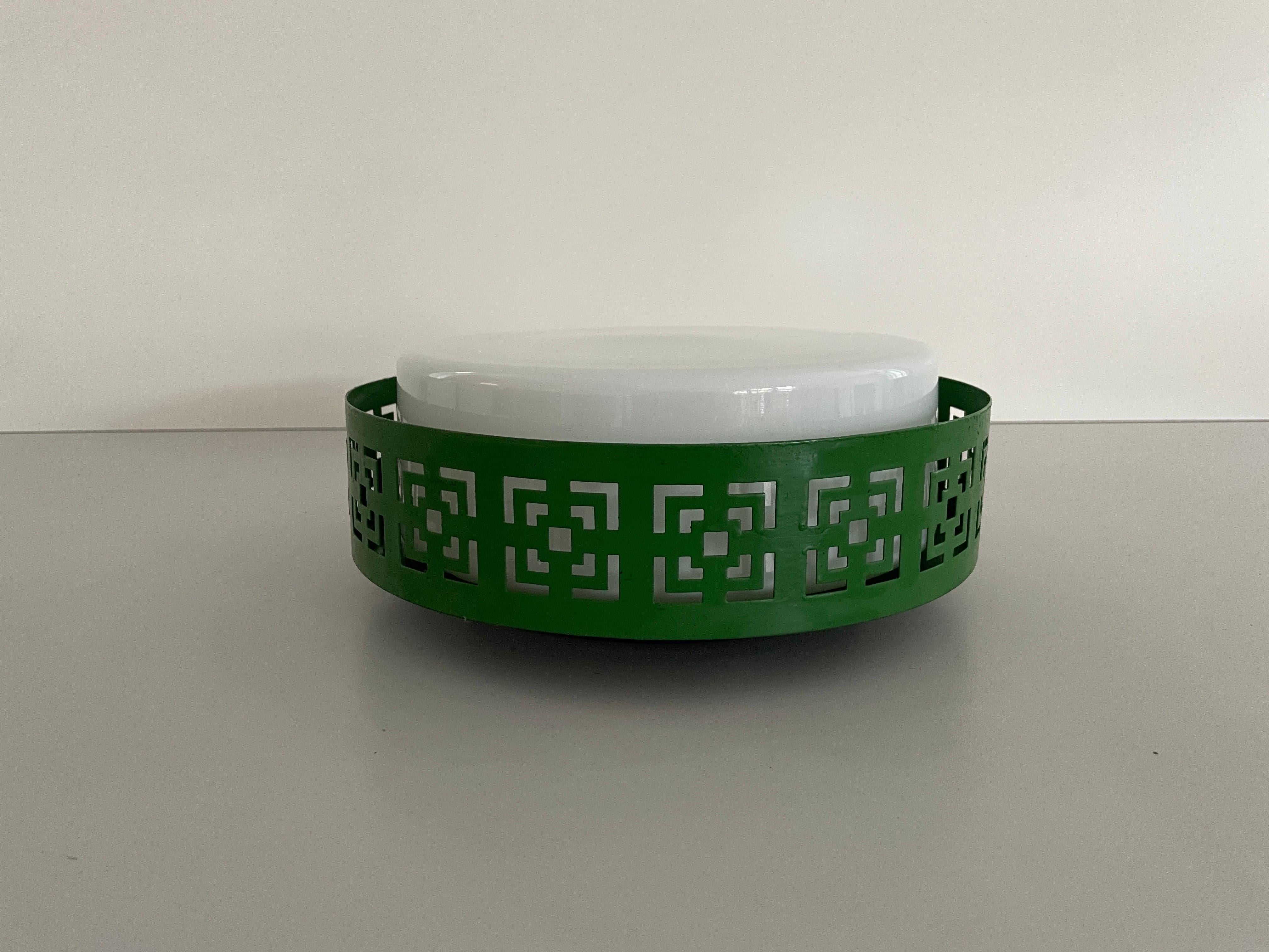 Mid-century Glass and Green Metal Flush Mount Light, 1950s, Germany

Note : We have 2 red. black and green, total 4 ceiling lamps in our stock. Please request some photos of others.

This lamp works with E27 light bulb.
Wired and suitable to use