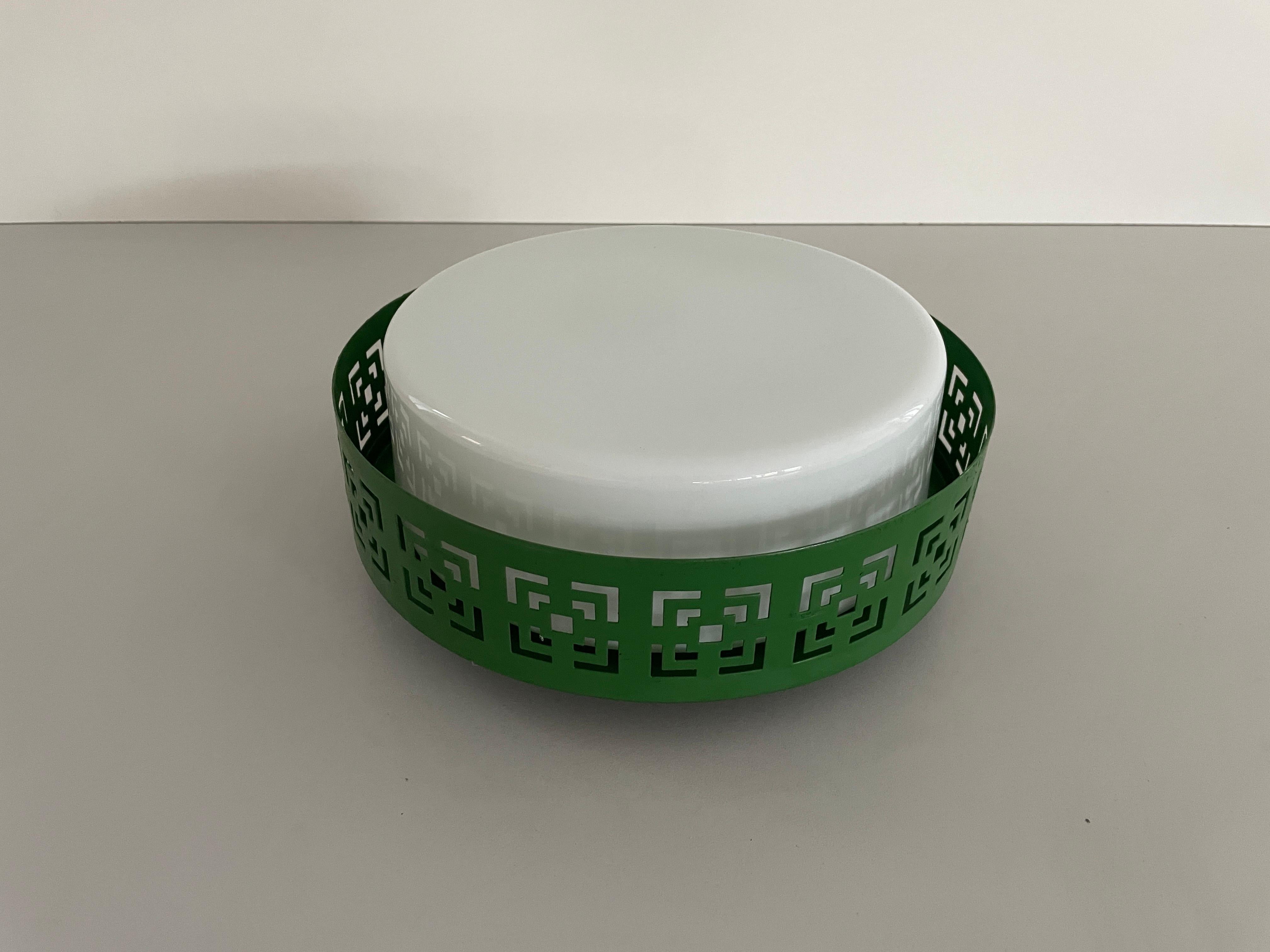 Art Deco Mid-century Glass and Green Metal Flush Mount Light, 1950s, Germany For Sale