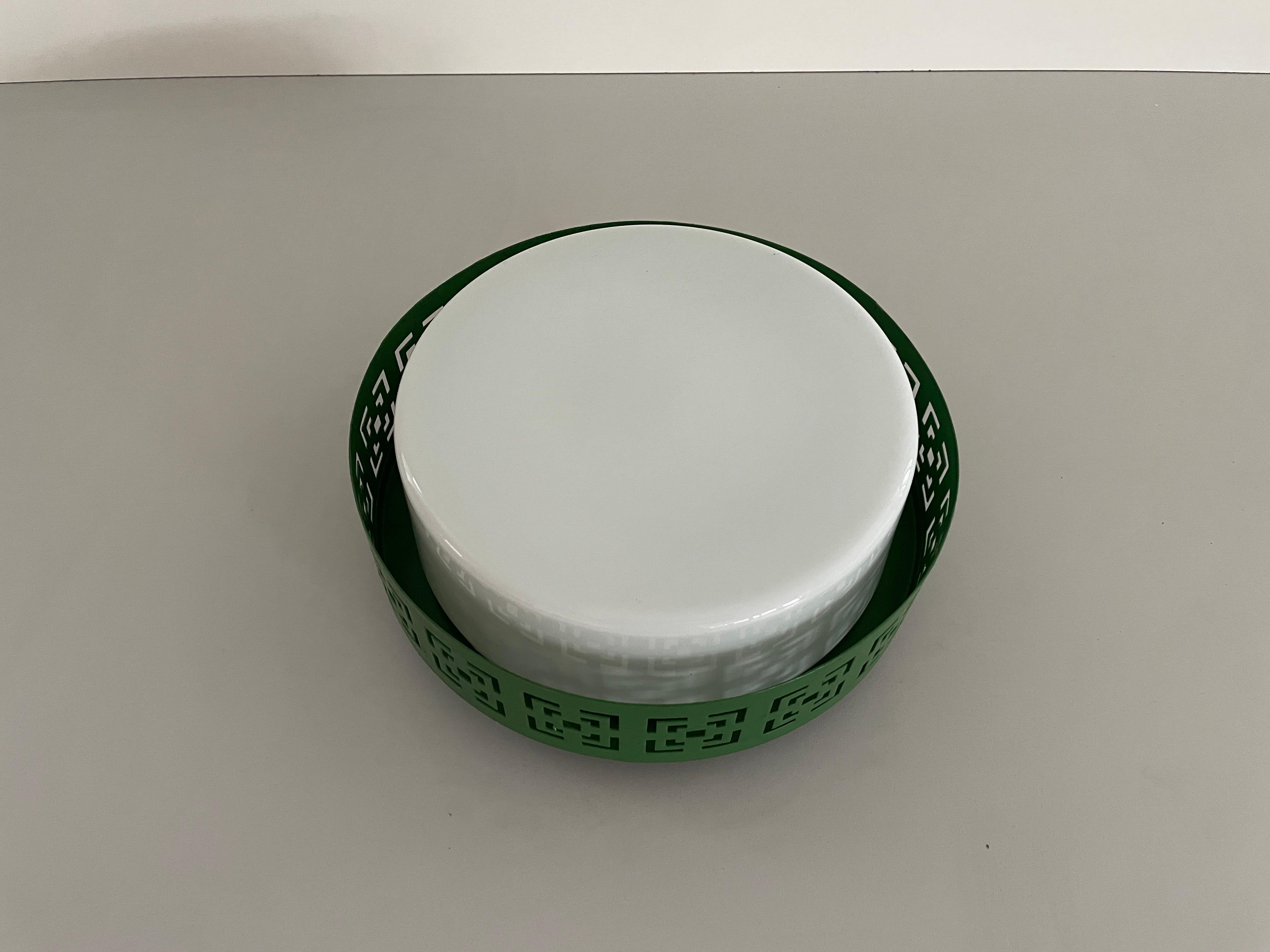 Swedish Mid-century Glass and Green Metal Flush Mount Light, 1950s, Germany For Sale