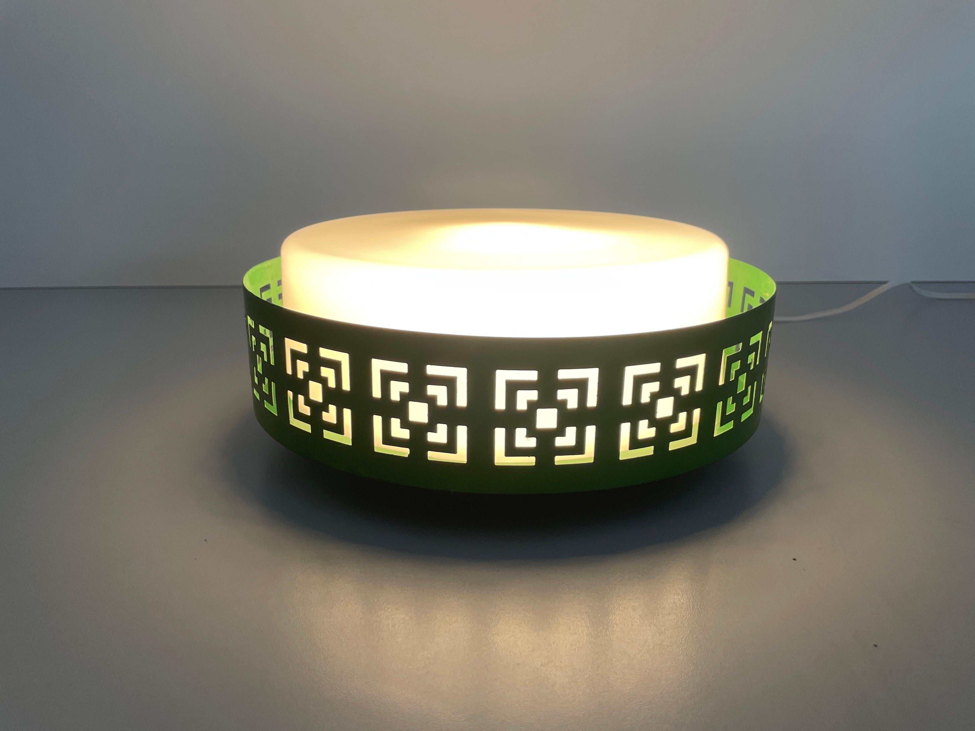 Mid-century Glass and Green Metal Flush Mount Light, 1950s, Germany For Sale 1