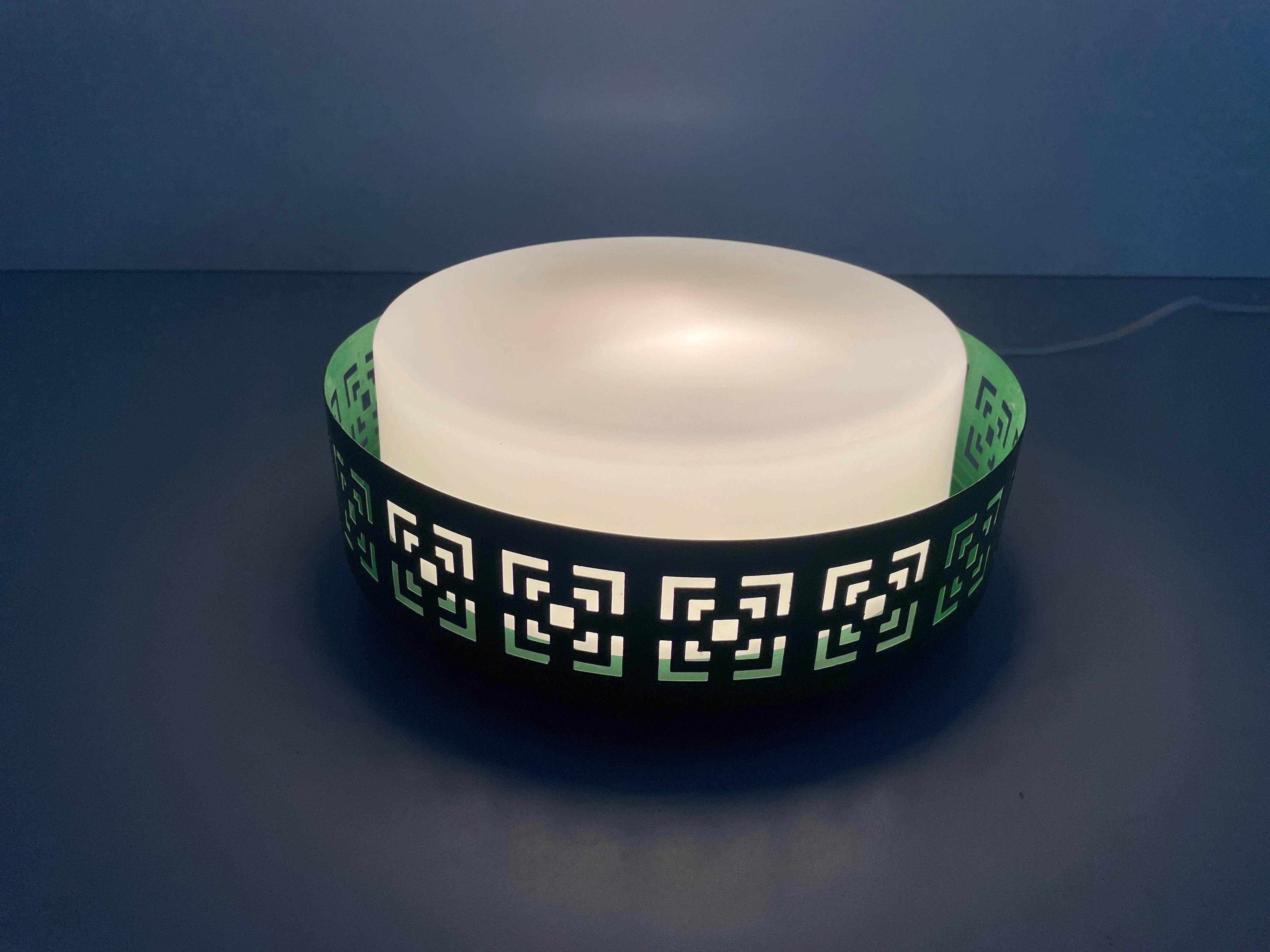 Mid-century Glass and Green Metal Flush Mount Light, 1950s, Germany For Sale 2