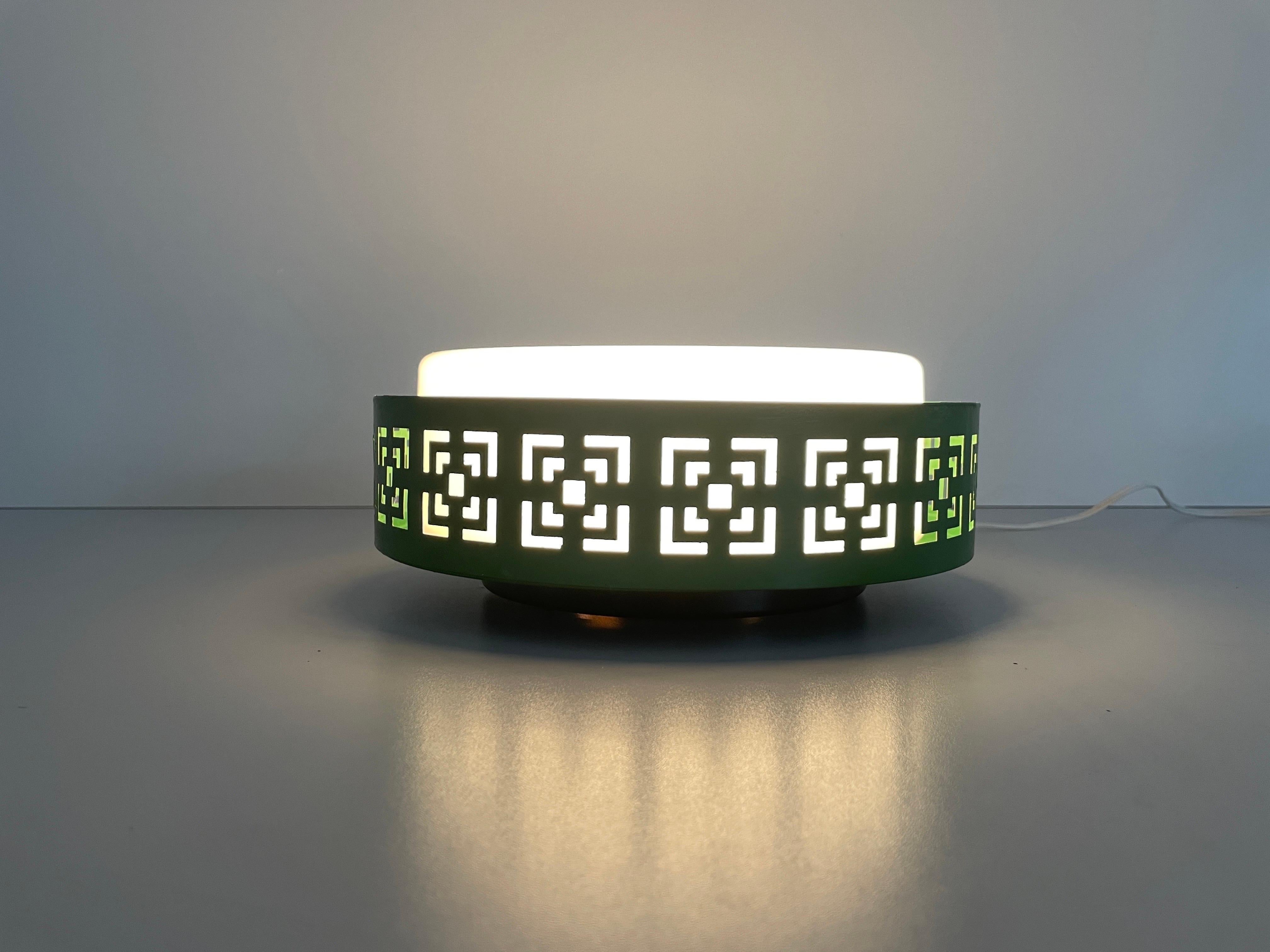 Mid-century Glass and Green Metal Flush Mount Light, 1950s, Germany For Sale 3