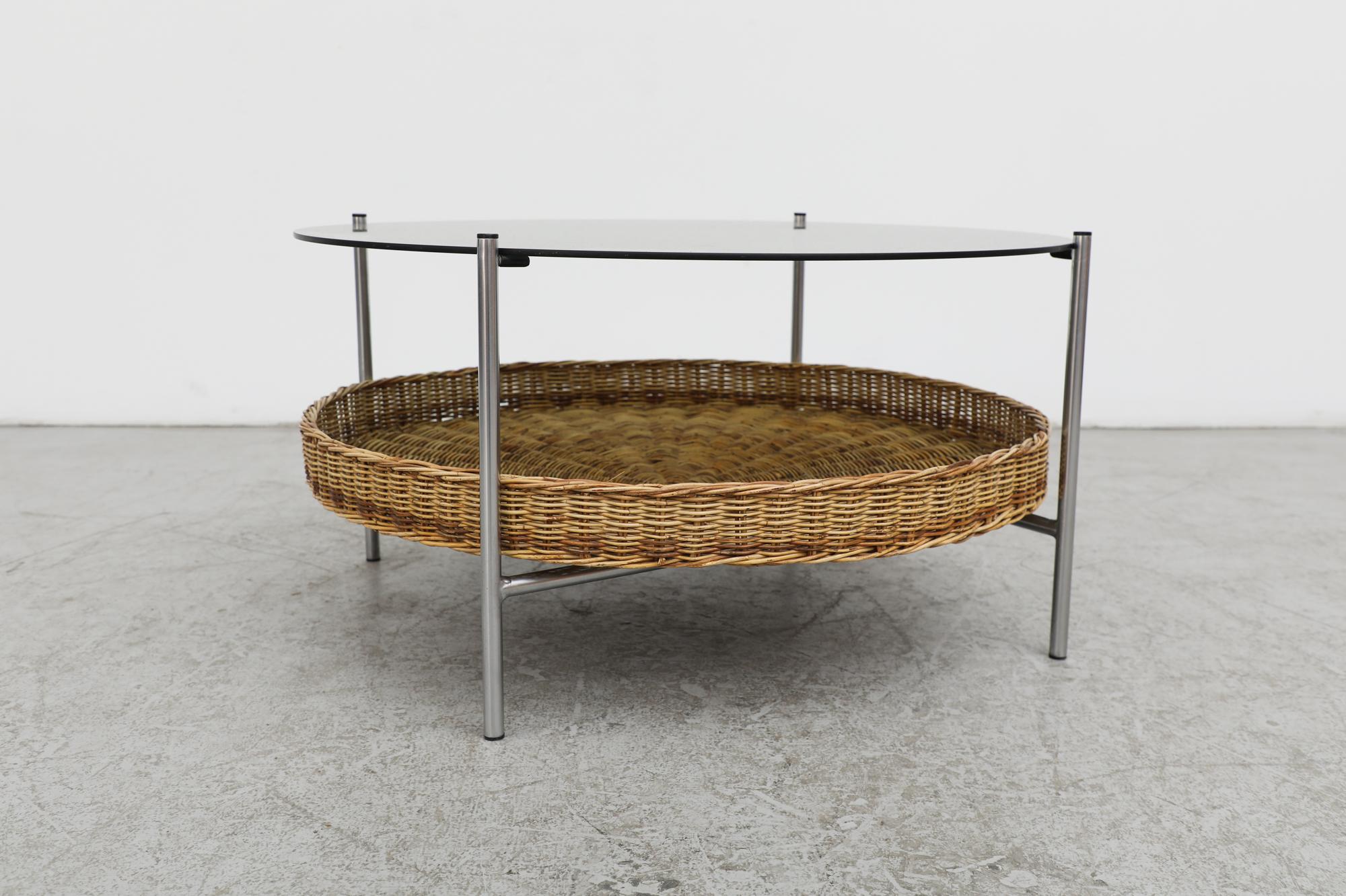 Hand-Woven Mid-Century Glass and Rattan Side or Coffee Table 