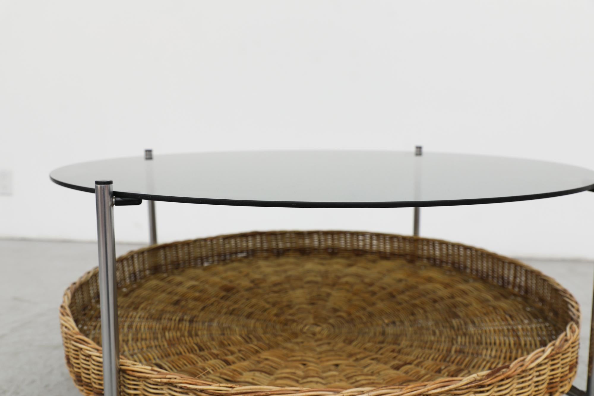 Late 20th Century Mid-Century Glass and Rattan Side or Coffee Table 