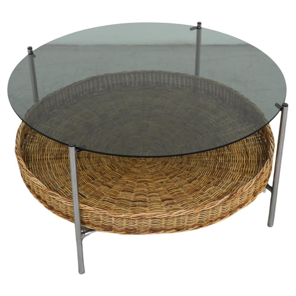 Mid-Century Glass and Rattan Side or Coffee Table "743" by Dirk van Sliedregt. For Sale