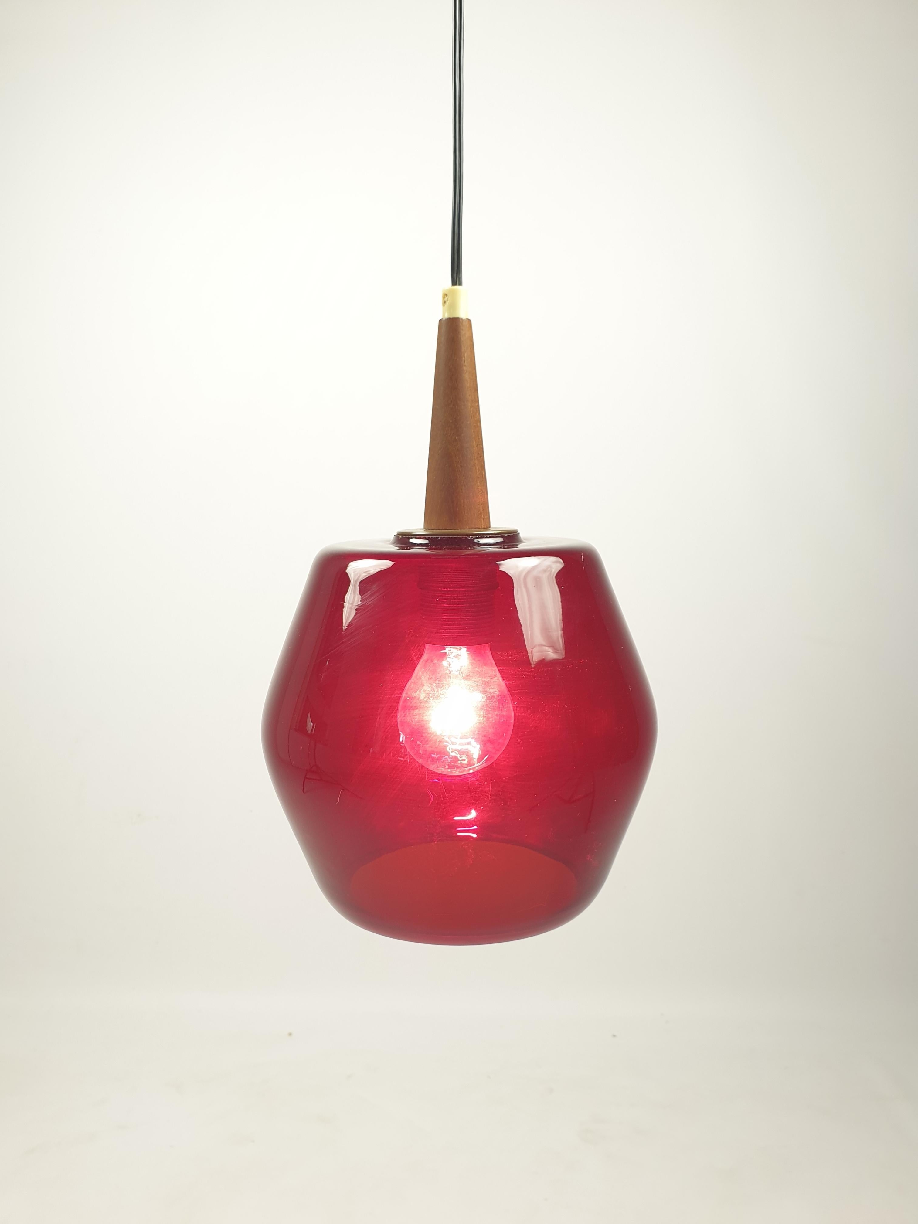 Mid-Century Modern Mid Century Glass and Teak Pendant Lamp, 1970s For Sale