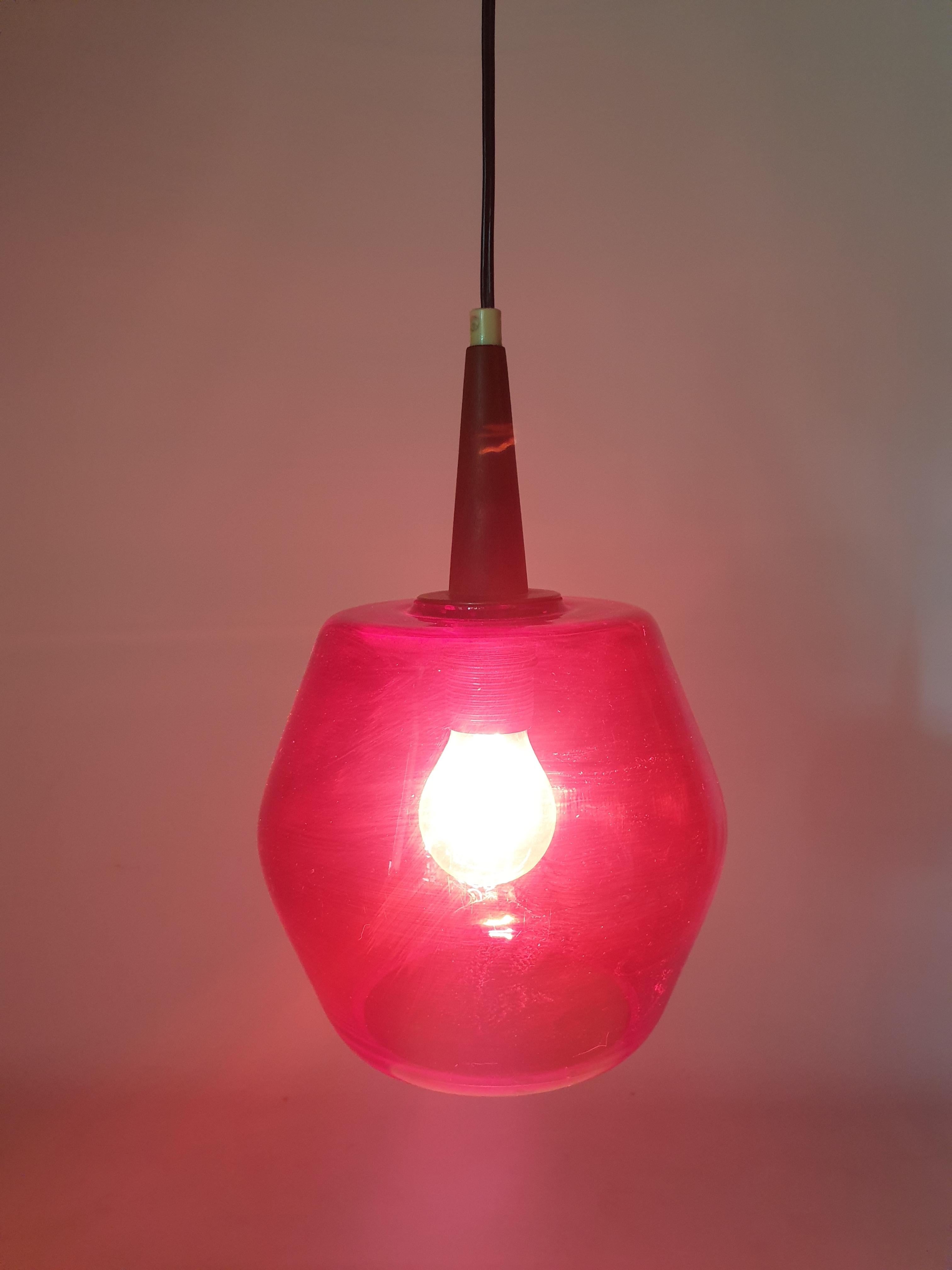 Dutch Mid Century Glass and Teak Pendant Lamp, 1970s For Sale