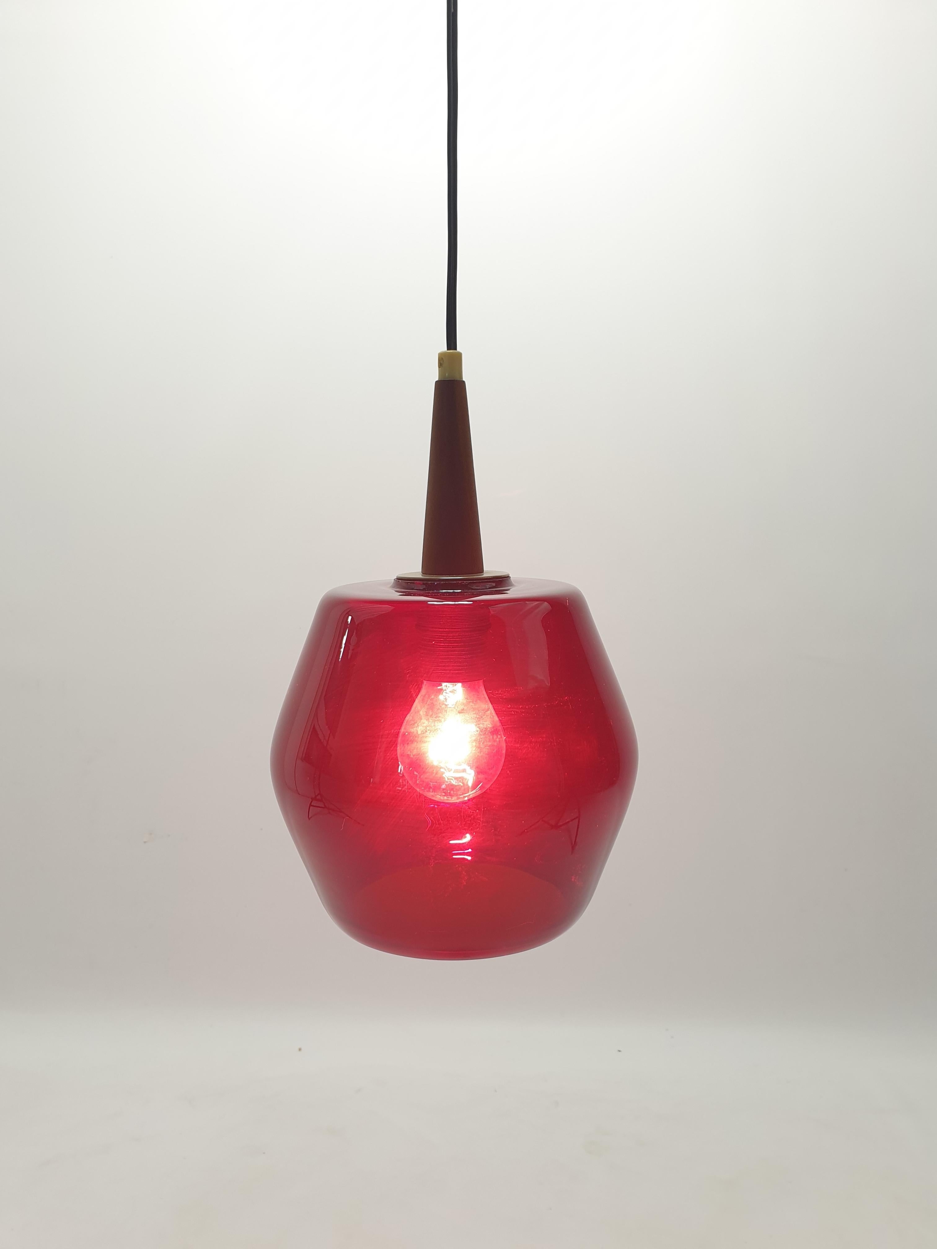 Hand-Crafted Mid Century Glass and Teak Pendant Lamp, 1970s For Sale