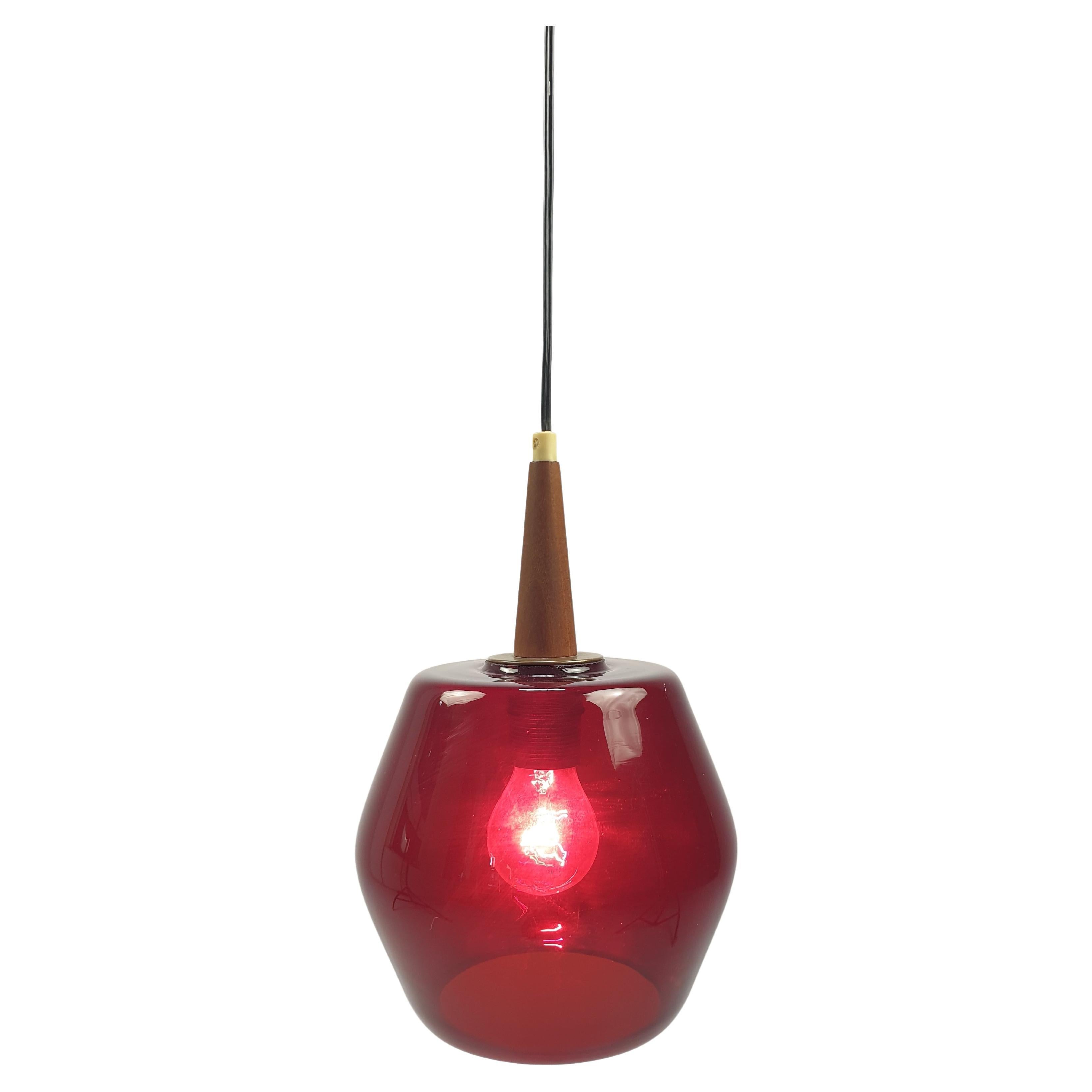 Mid Century Glass and Teak Pendant Lamp, 1970s For Sale