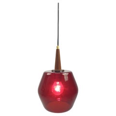 Mid Century Glass and Teak Pendant Lamp, 1970s