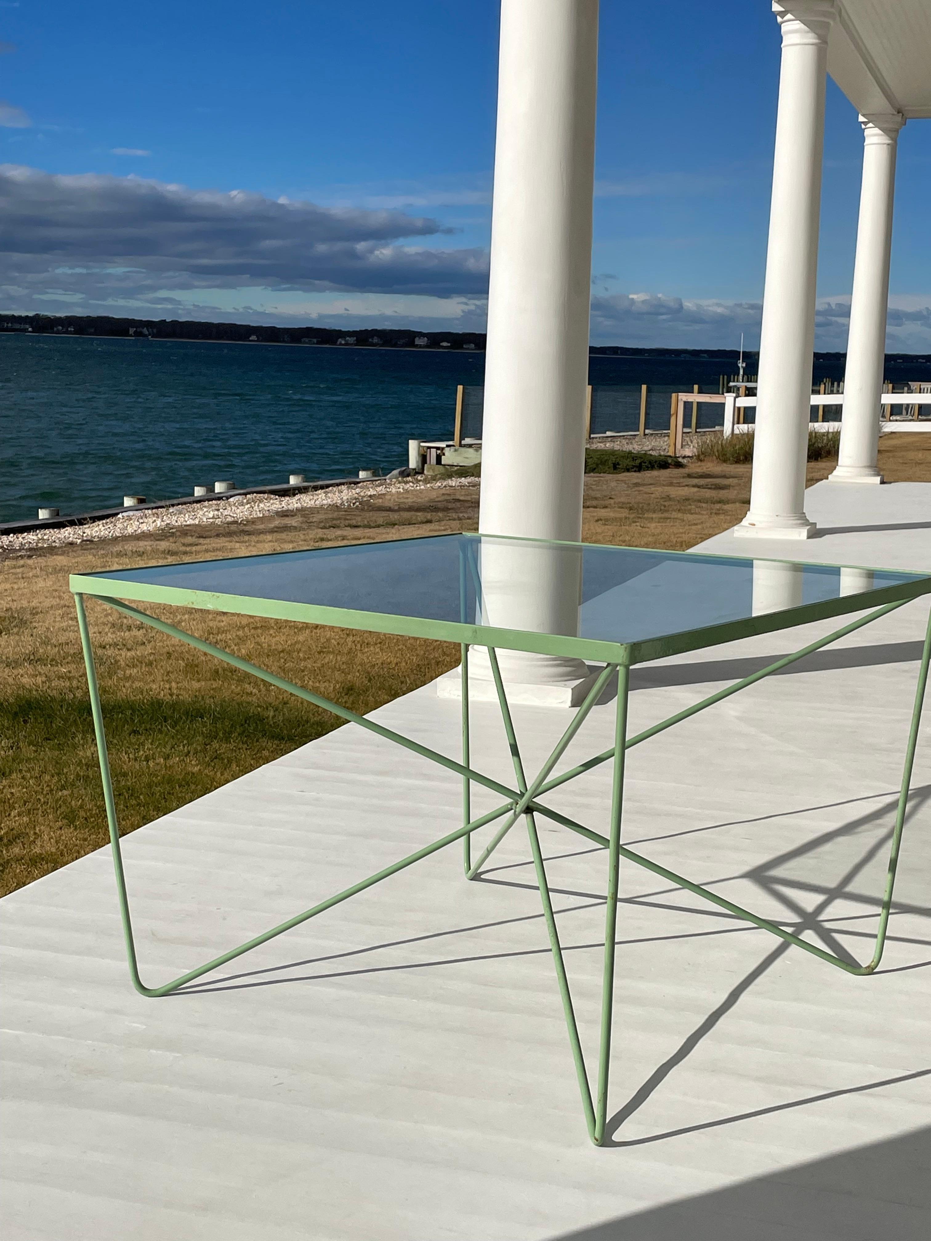 American Mid Century Glass and Welded Bent Wrought Iron Coffee Table For Sale