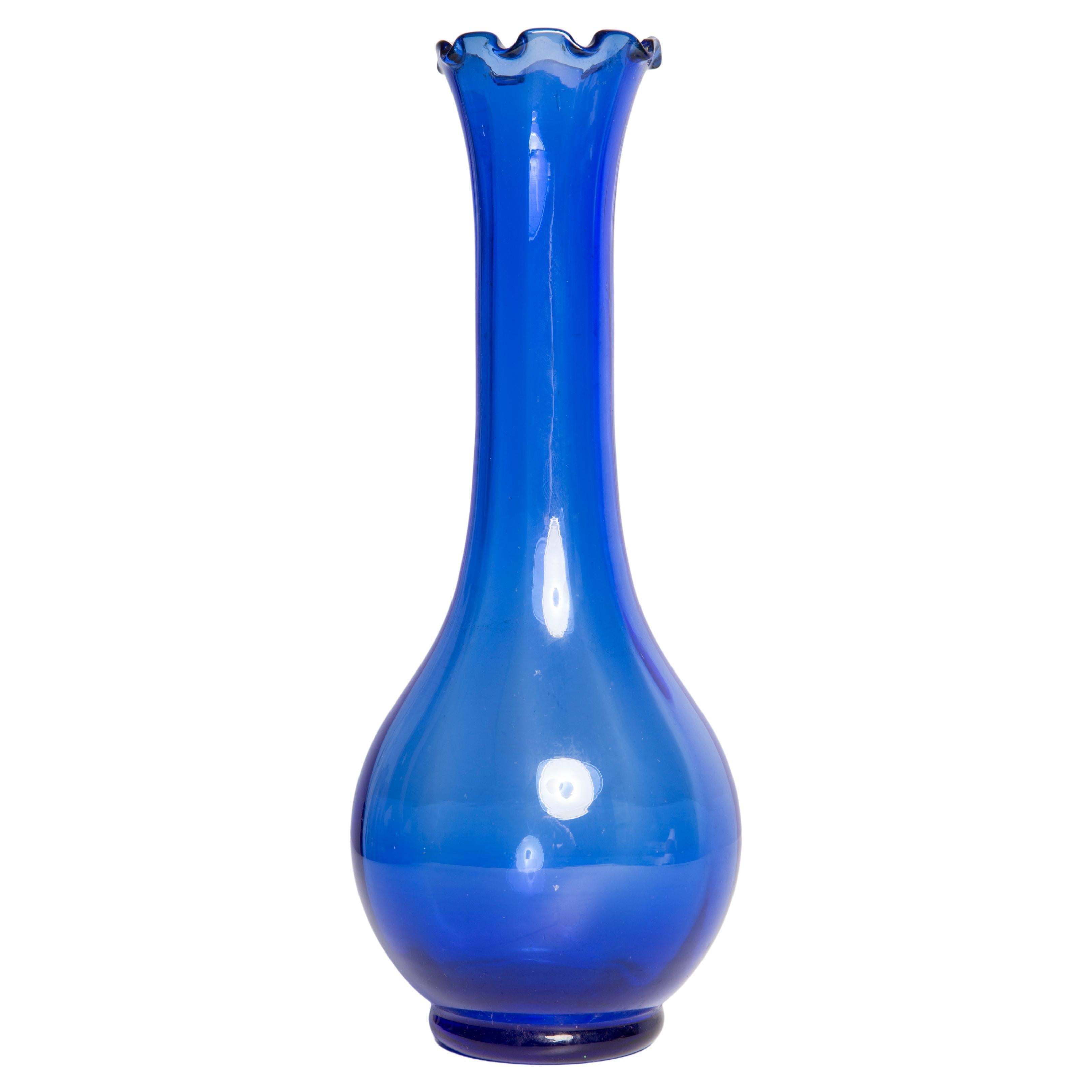 Midcentury Glass Blue Vase with a Frill, Europe, 1960s For Sale