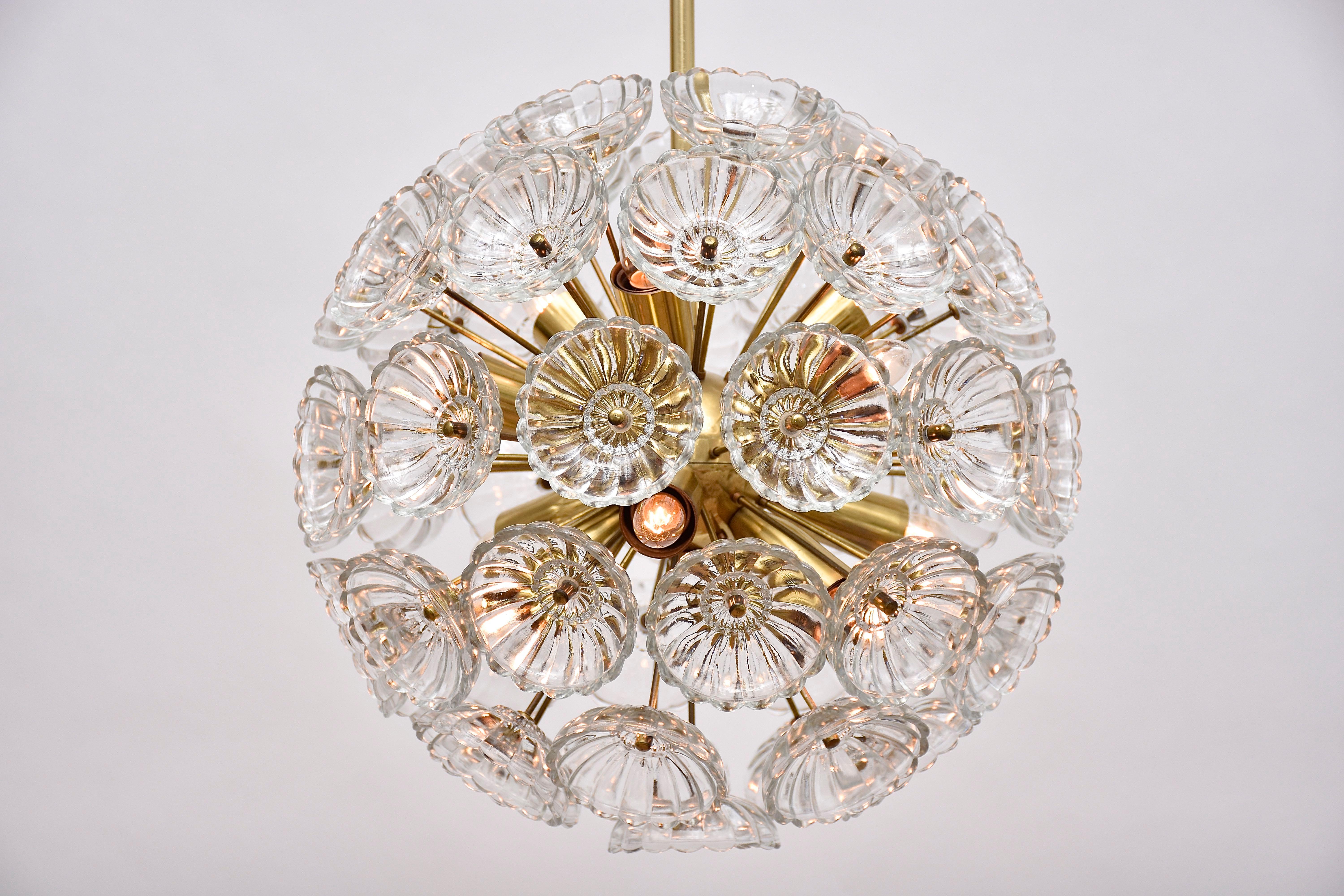 Mid-Century Modern Mid-century glass & brass floral chandelier Sputnik  For Sale