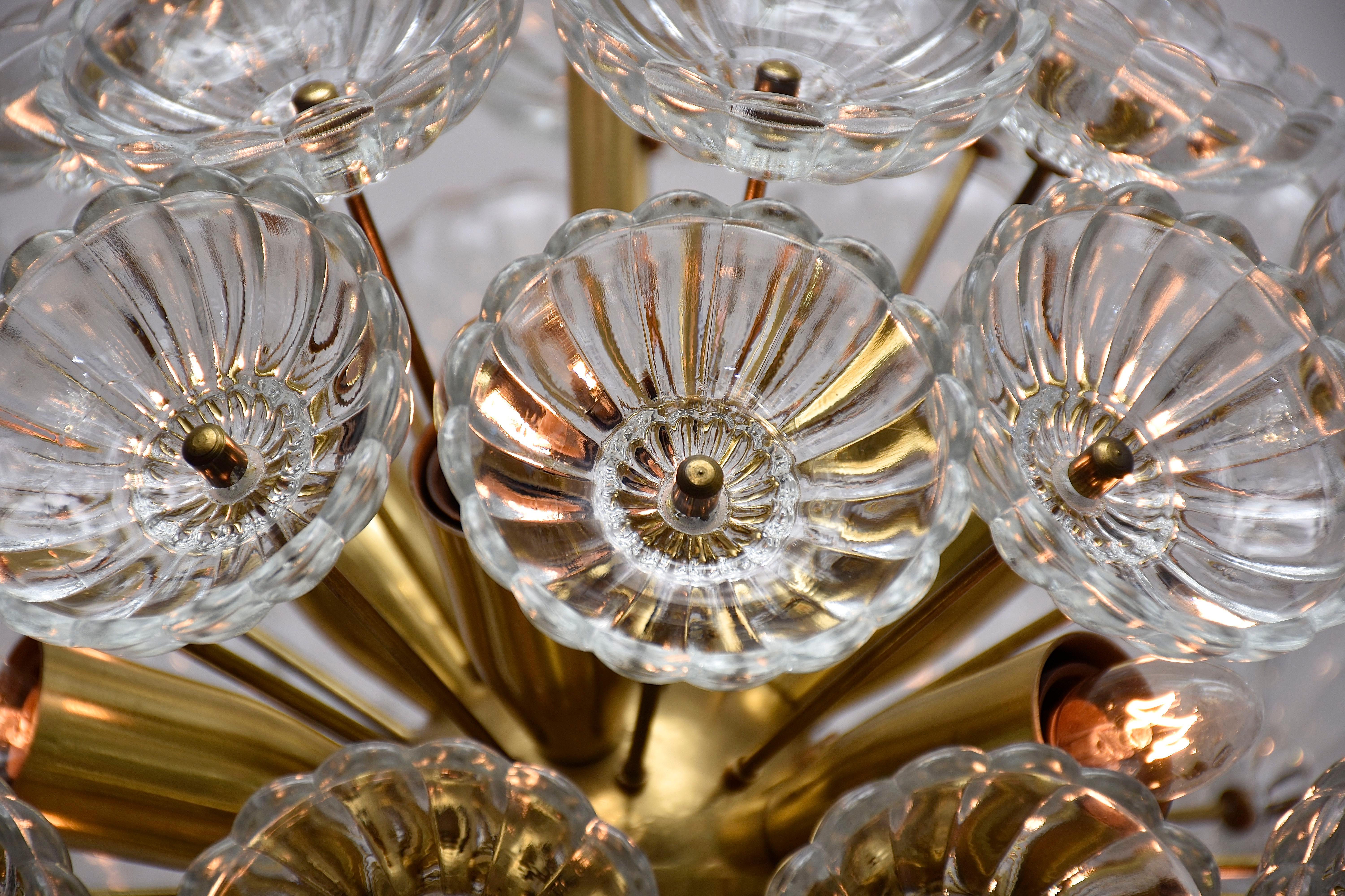 German Mid-century glass & brass floral chandelier Sputnik  For Sale