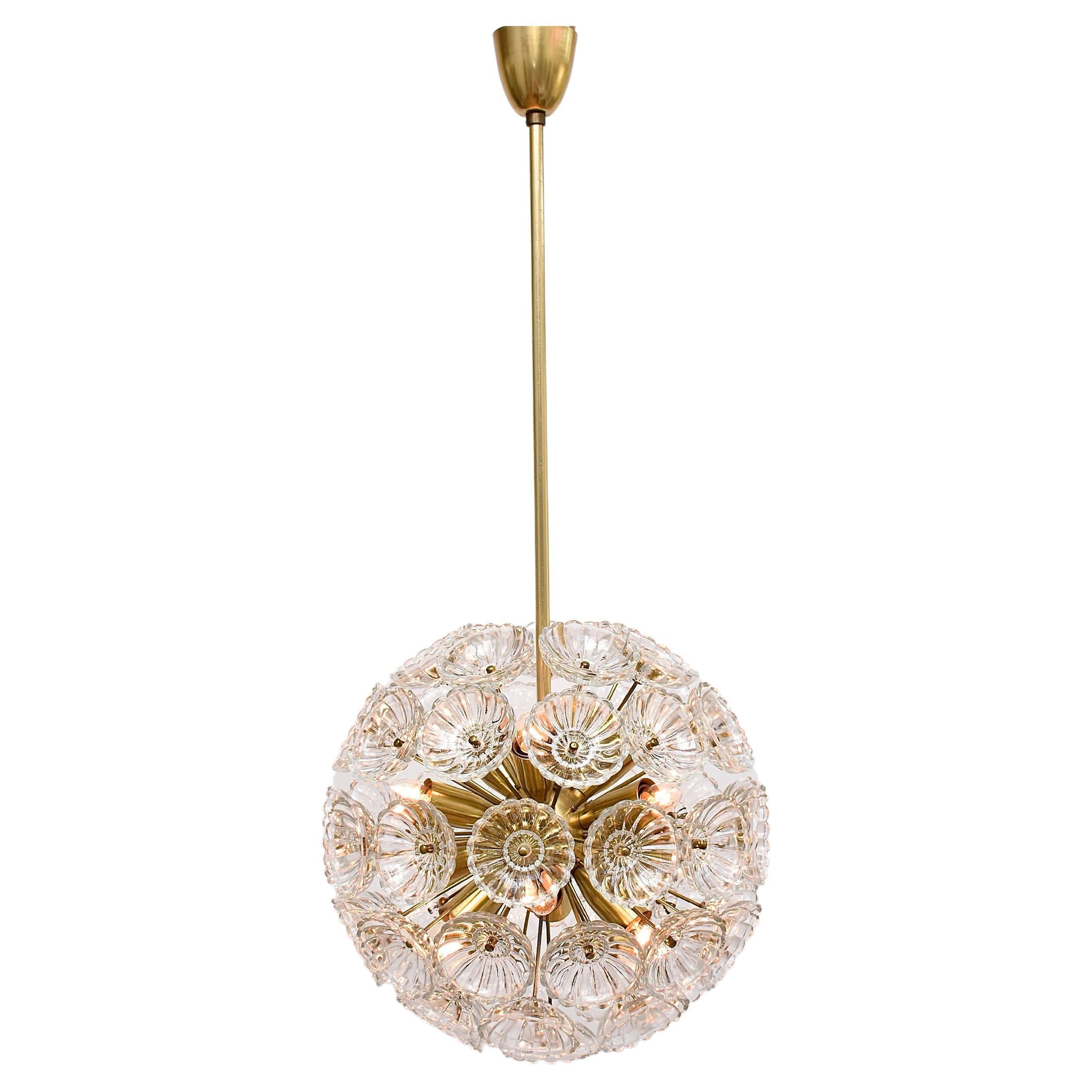 Mid-century glass & brass floral chandelier Sputnik 