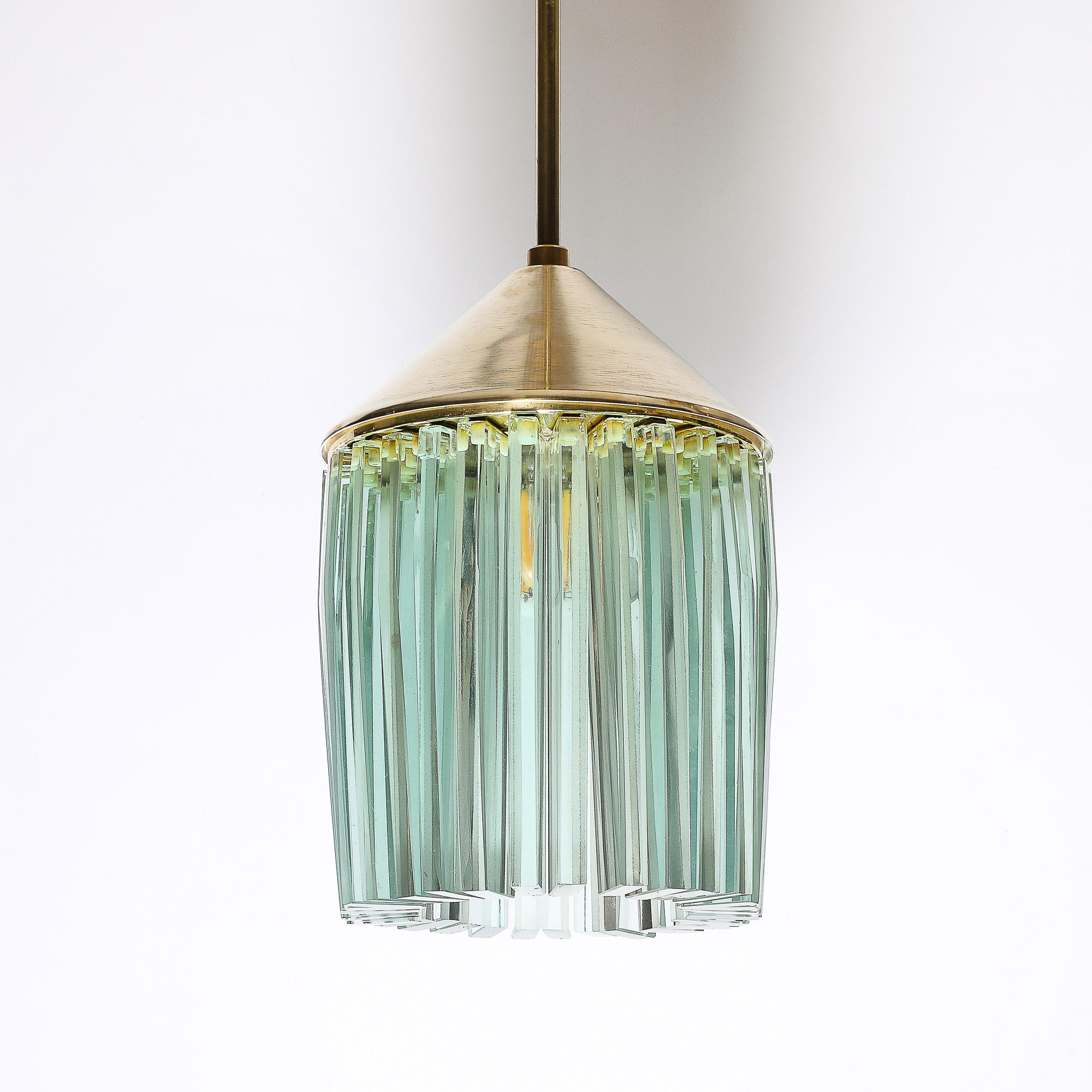 Mid-Century Glass & Brass Pendant Chandelier in the Manner of Fontana Arte For Sale 4