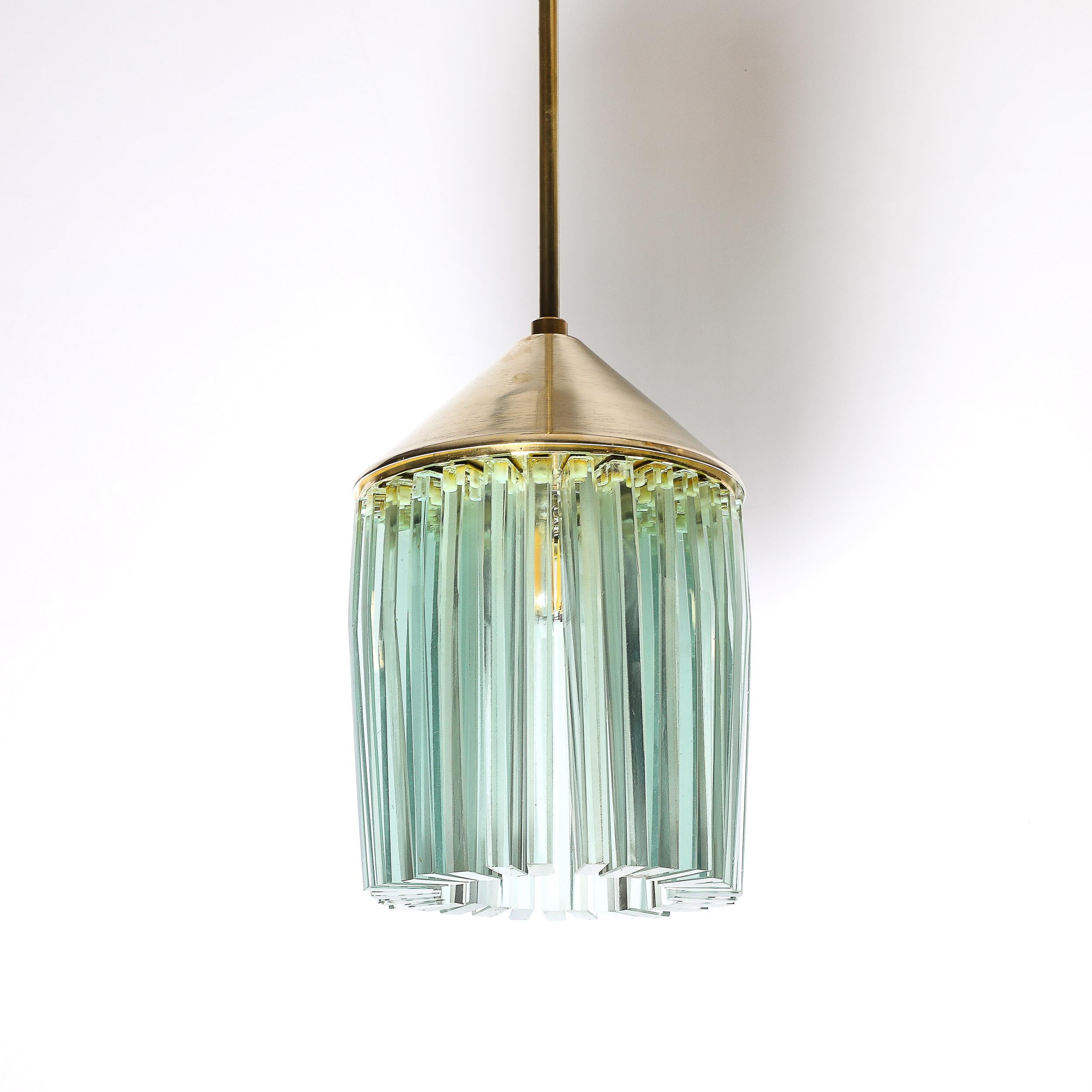 Mid-Century Glass & Brass Pendant Chandelier in the Manner of Fontana Arte For Sale 5