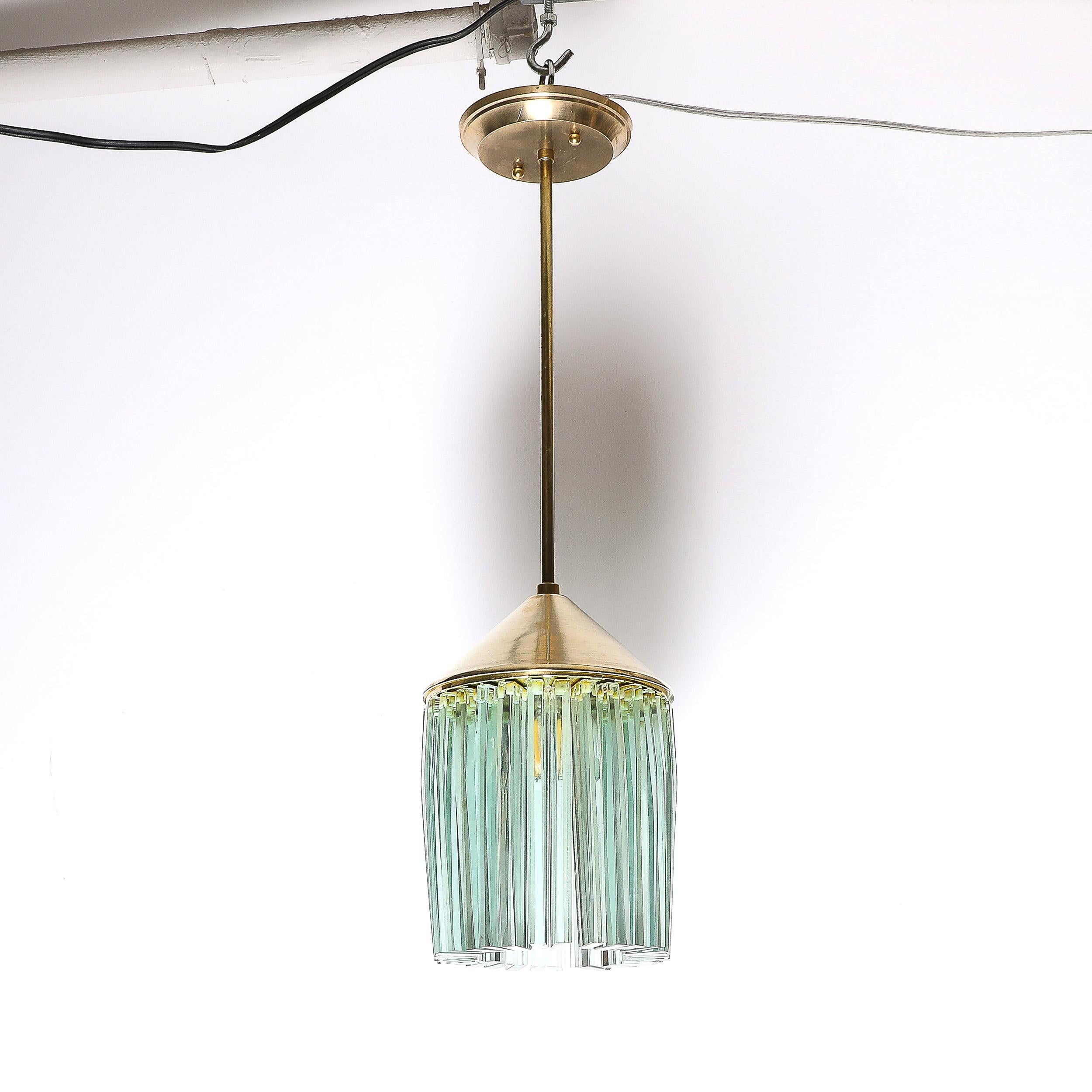 Mid-Century Glass & Brass Pendant Chandelier in the Manner of Fontana Arte For Sale 7