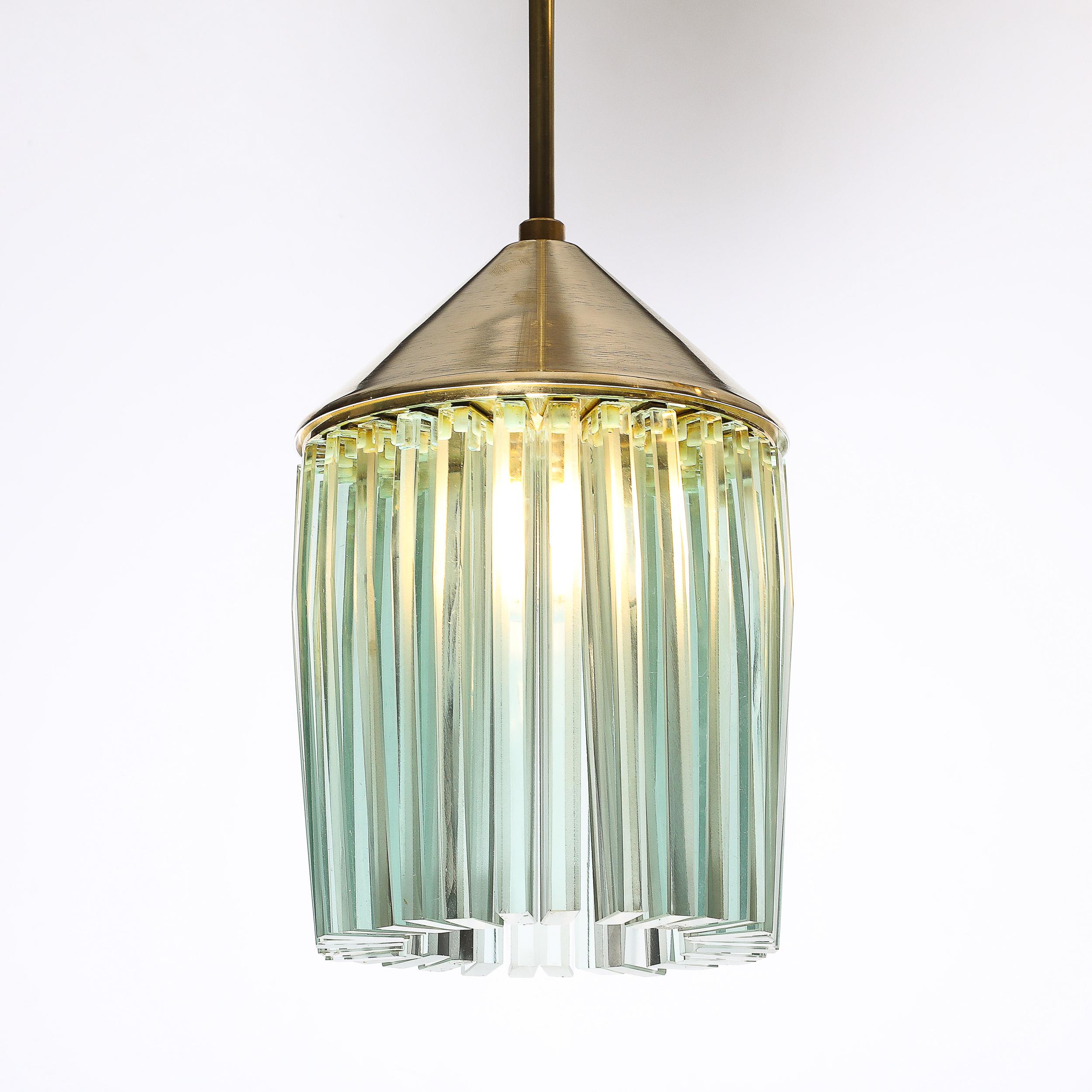 Mid-Century Modern Mid-Century Glass & Brass Pendant Chandelier in the Manner of Fontana Arte For Sale