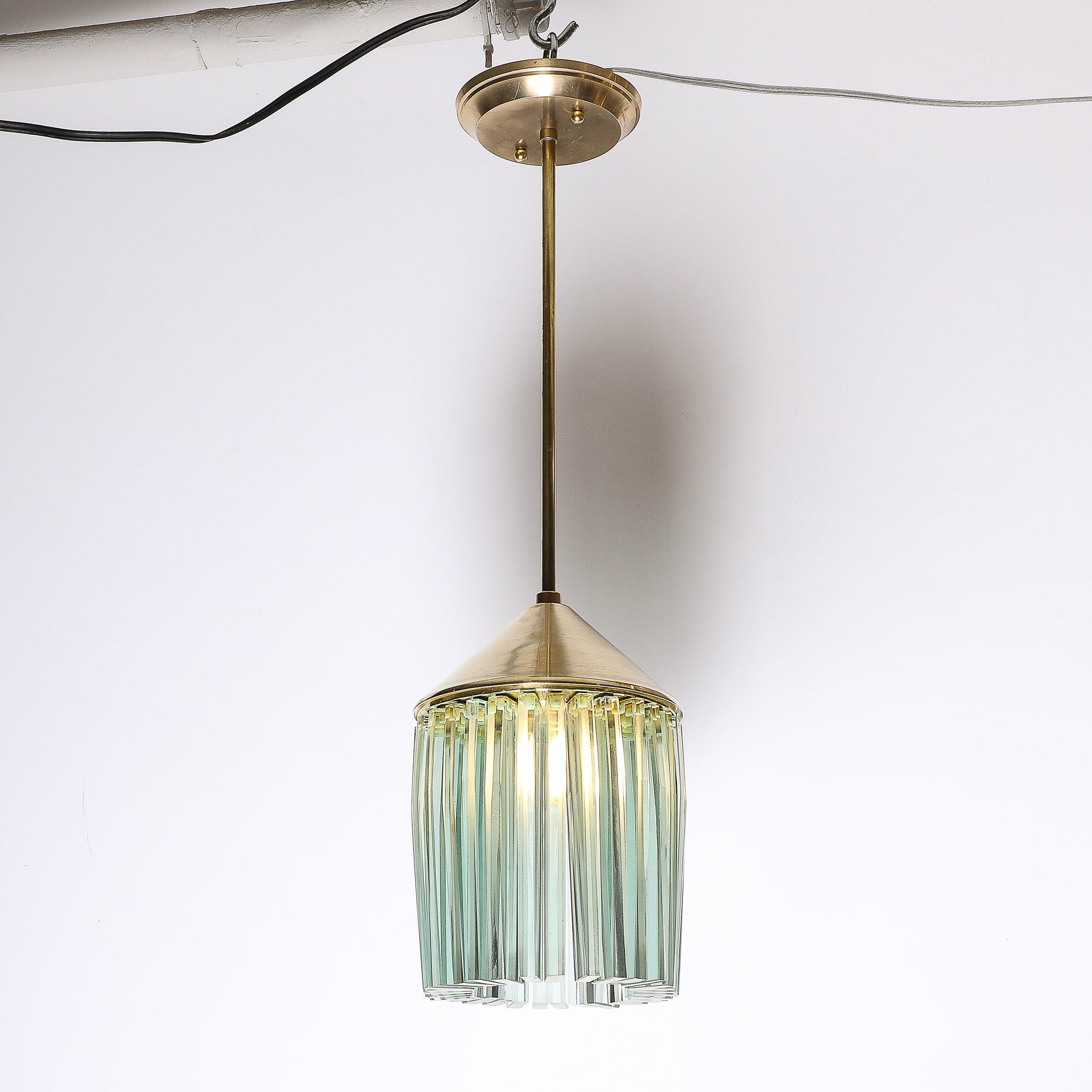 Mid-Century Glass & Brass Pendant Chandelier in the Manner of Fontana Arte In Excellent Condition For Sale In New York, NY