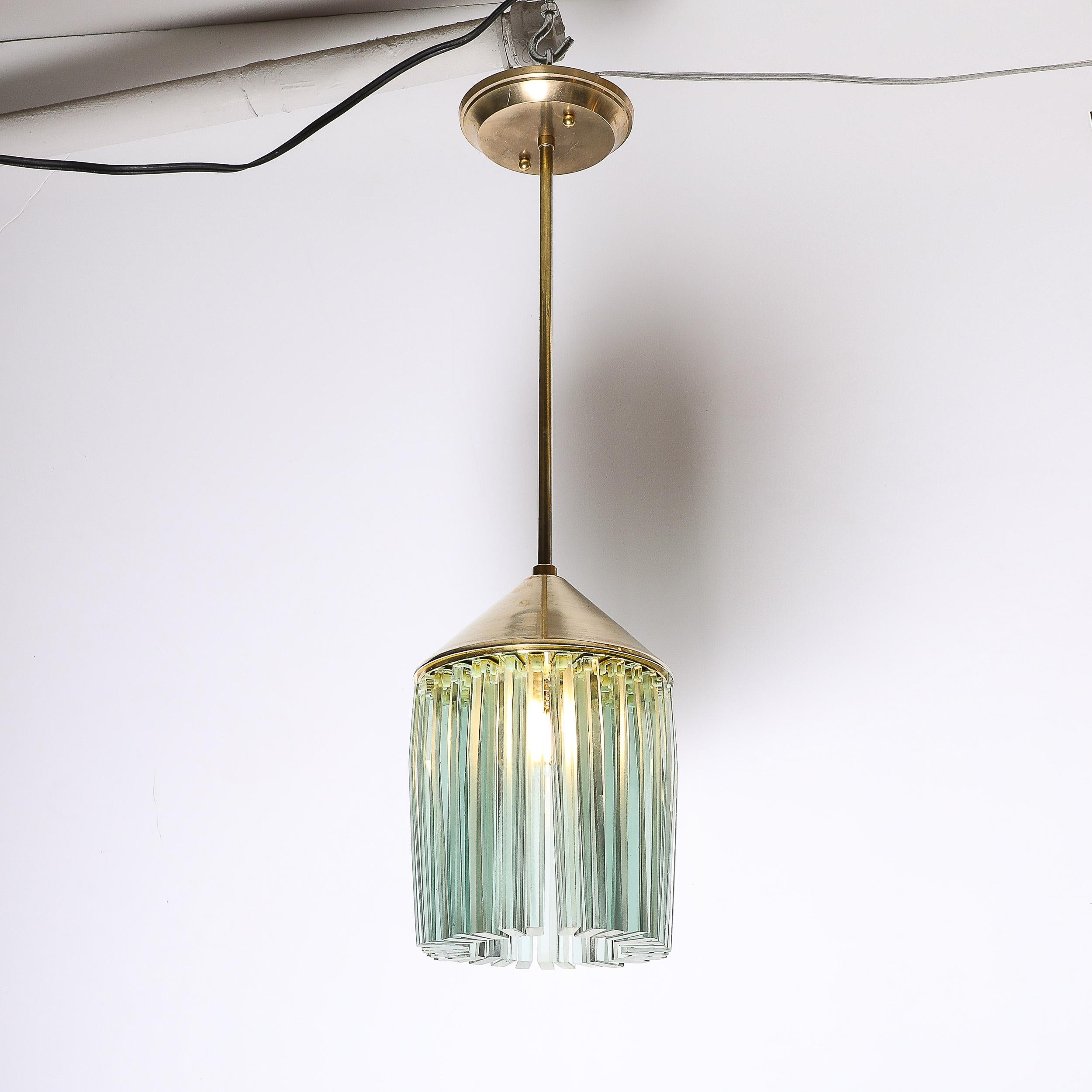 Mid-20th Century Mid-Century Glass & Brass Pendant Chandelier in the Manner of Fontana Arte For Sale