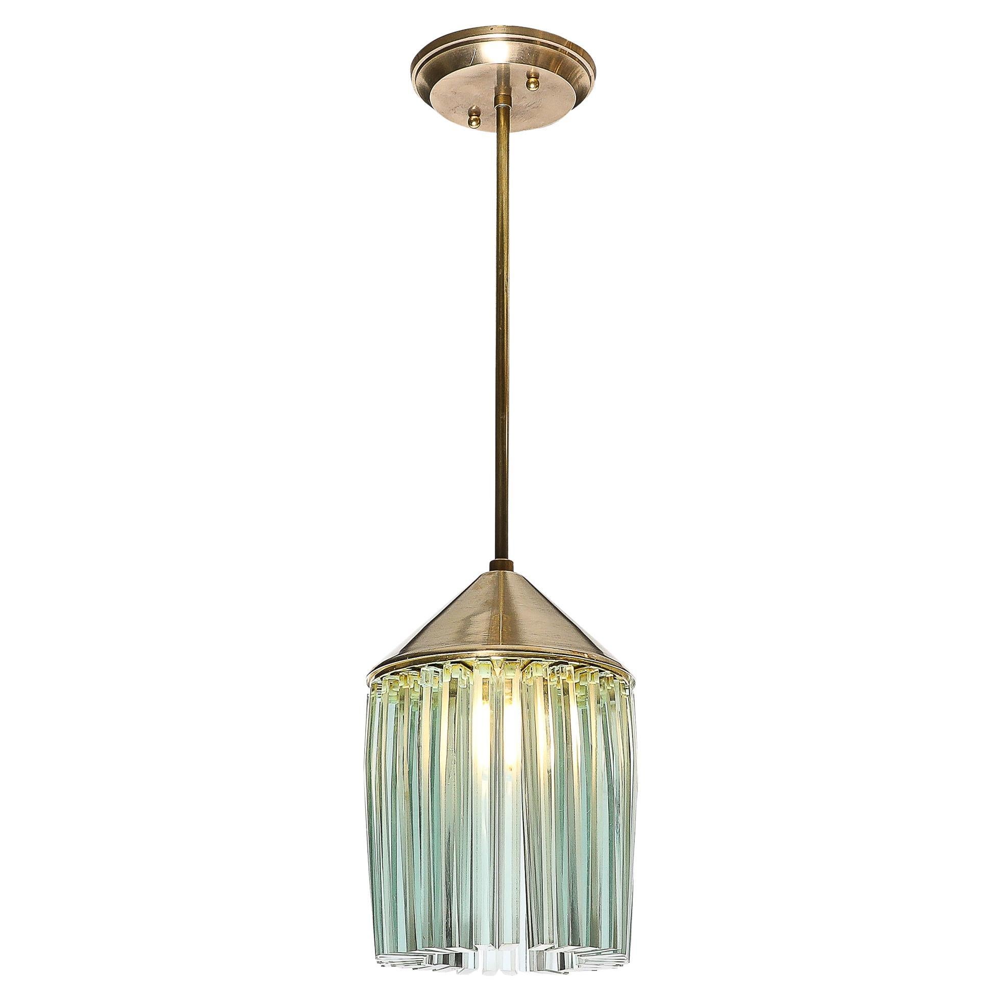 Mid-Century Glass & Brass Pendant Chandelier in the Manner of Fontana Arte For Sale