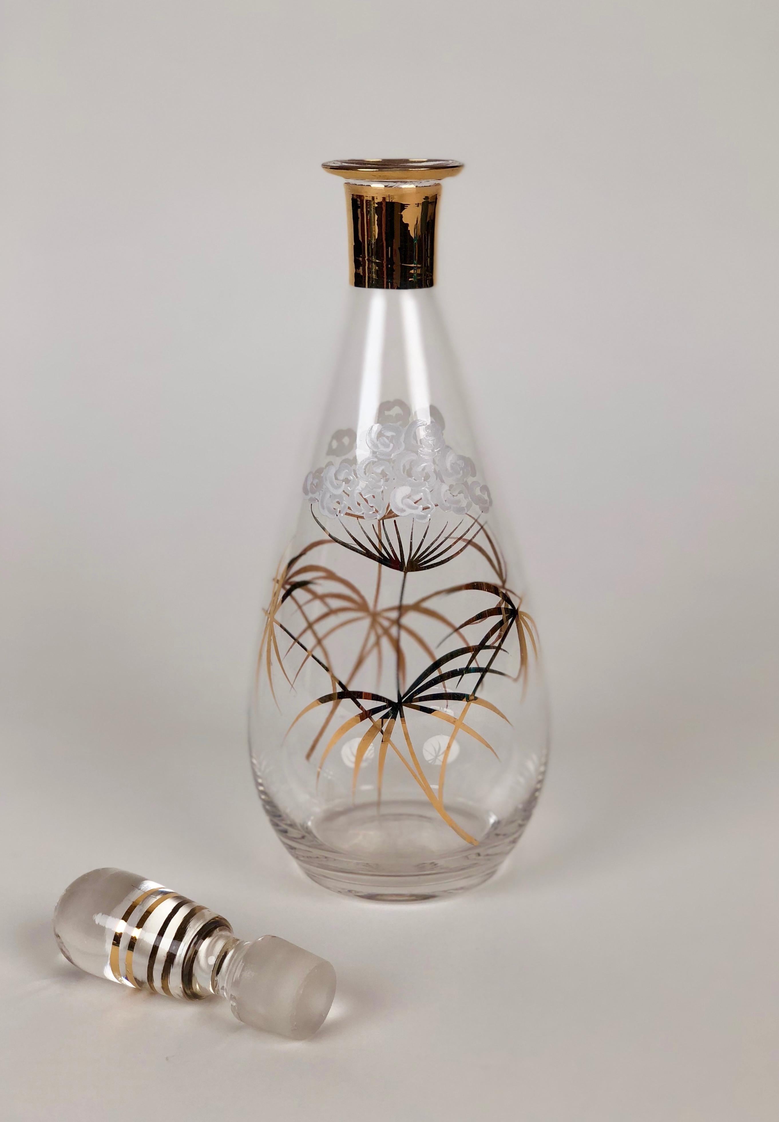 Slovak Midcentury Glass Carafe with Hand Painted Floral Pattern in Cabana Style For Sale