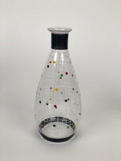 Midcentury Glass Carafe with Hand Painted Pattern in Cabana Style