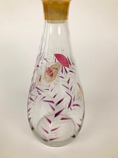 Midcentury Glass Carafe with Hand Painted Thistle Pattern in Cabana Style