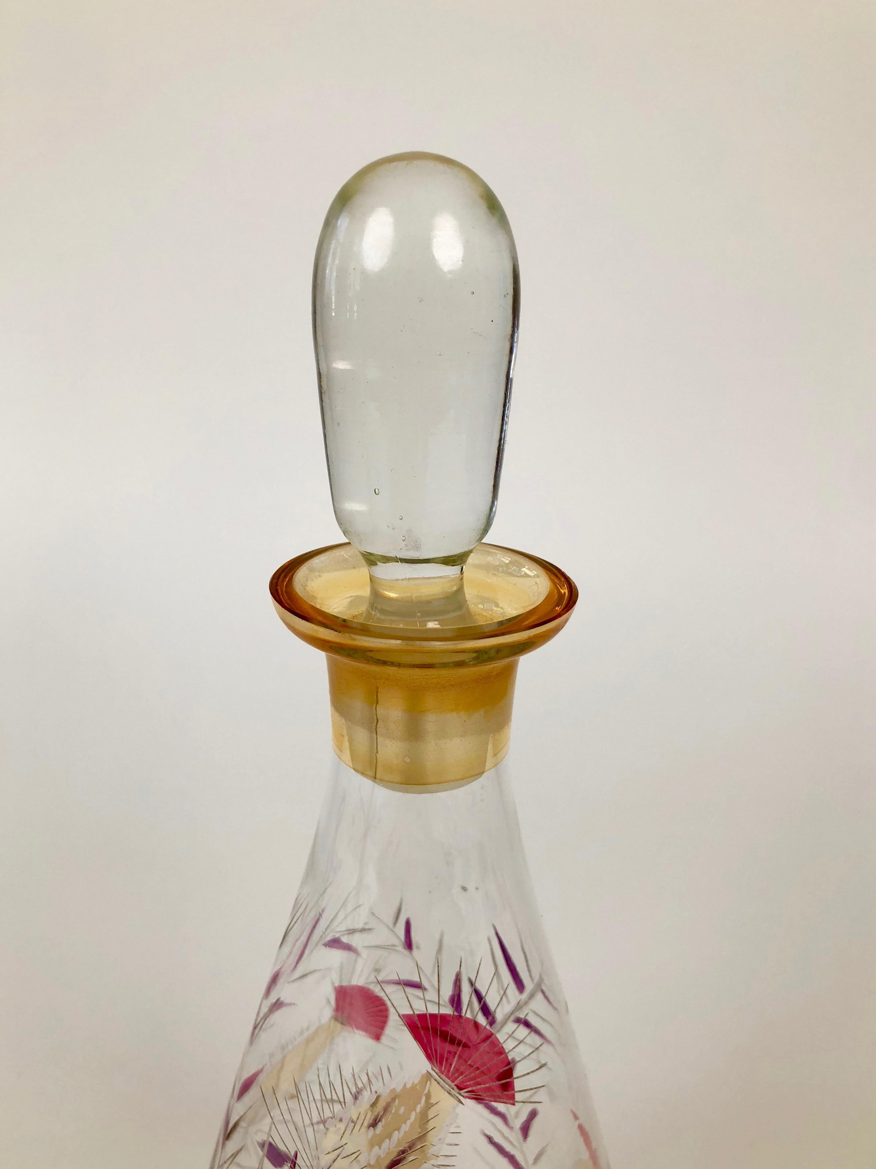 Mid-Century Modern Carafe en verre du milieu du siècle avec motif de chardon peint à la main de style Cabana en vente