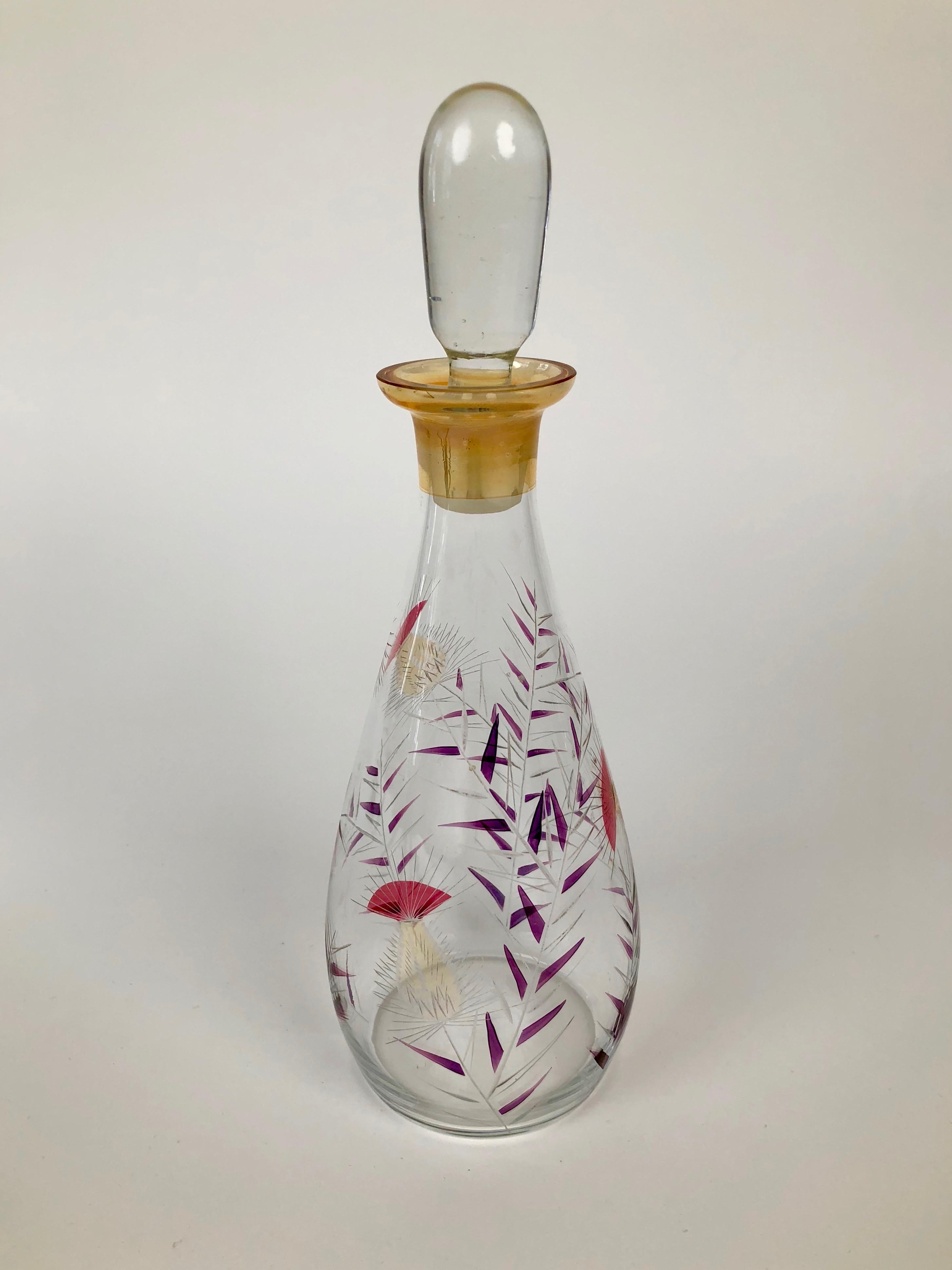 Mid-Century Modern Midcentury Glass Carafe with Hand Painted Thistle Pattern in Cabana Style For Sale