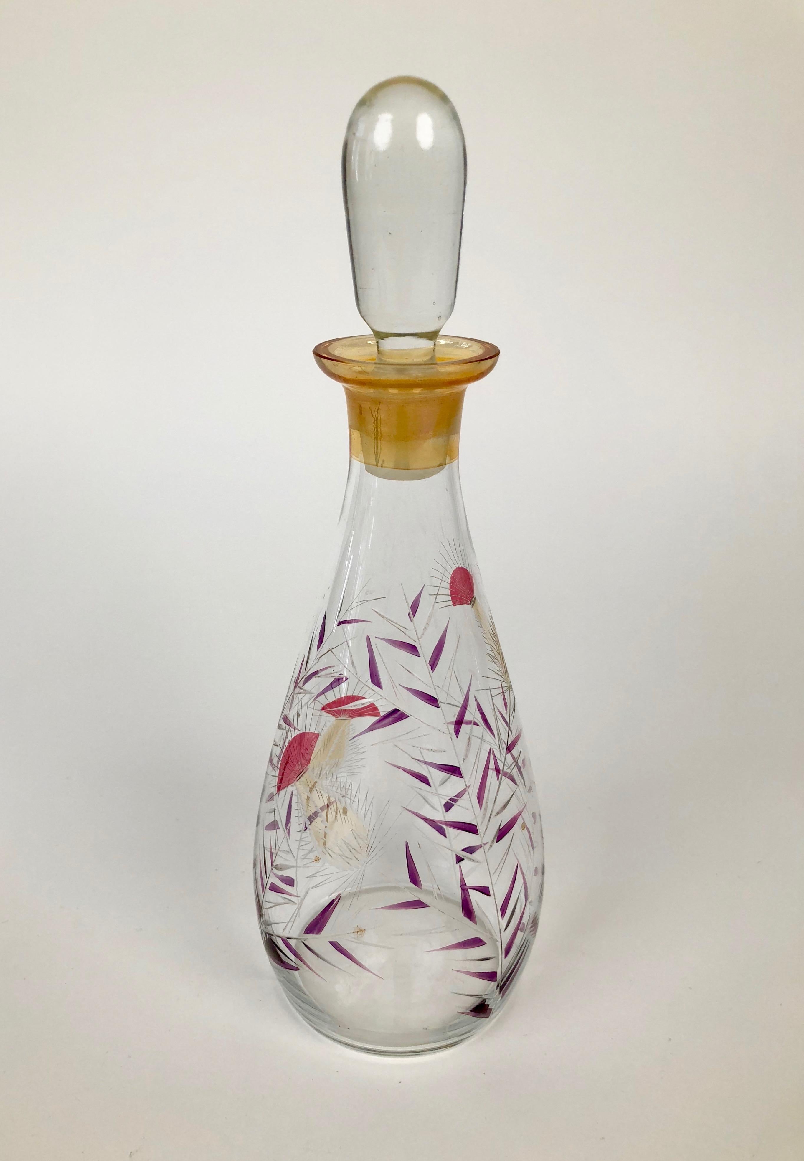Slovak Midcentury Glass Carafe with Hand Painted Thistle Pattern in Cabana Style For Sale
