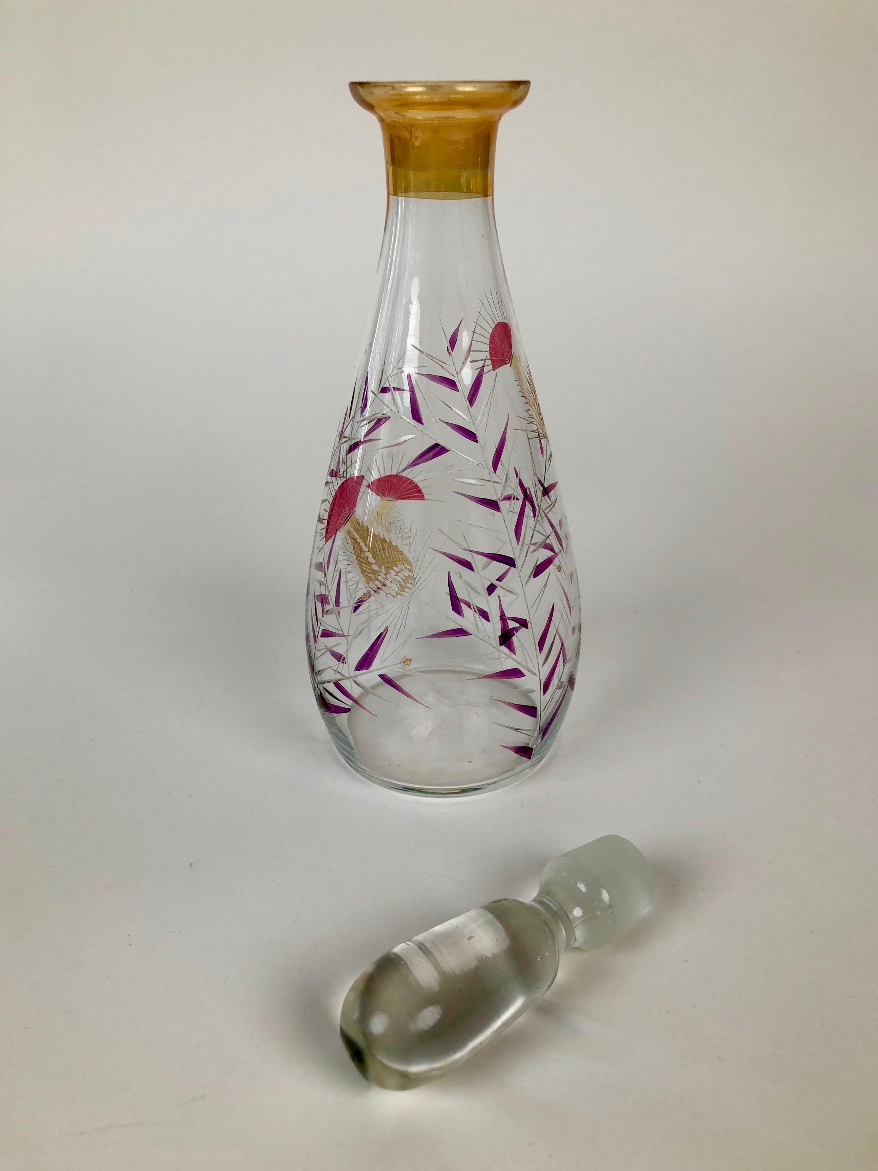 Midcentury Glass Carafe with Hand Painted Thistle Pattern in Cabana Style In Good Condition For Sale In Vienna, Austria