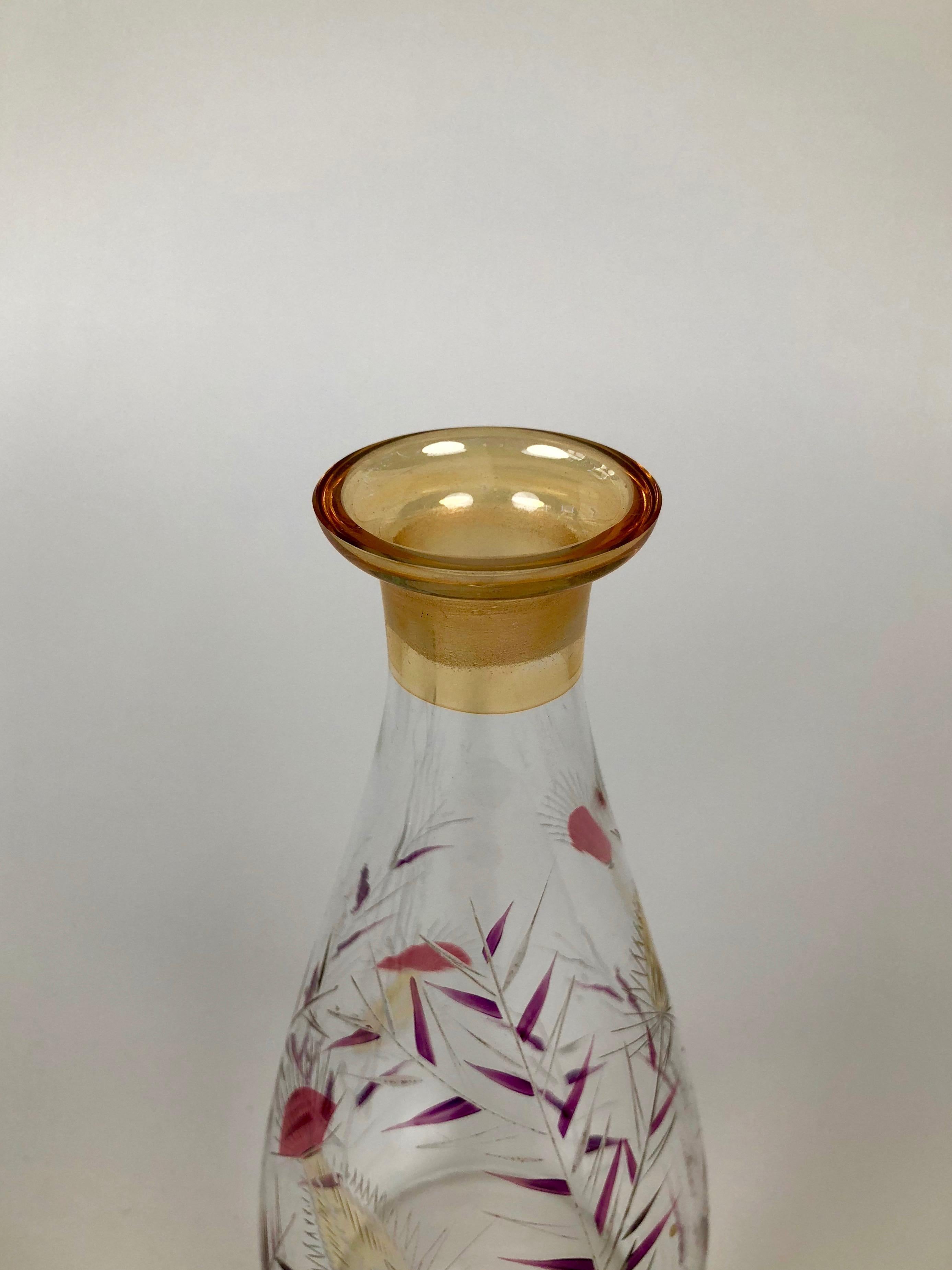 Mid-20th Century Midcentury Glass Carafe with Hand Painted Thistle Pattern in Cabana Style For Sale