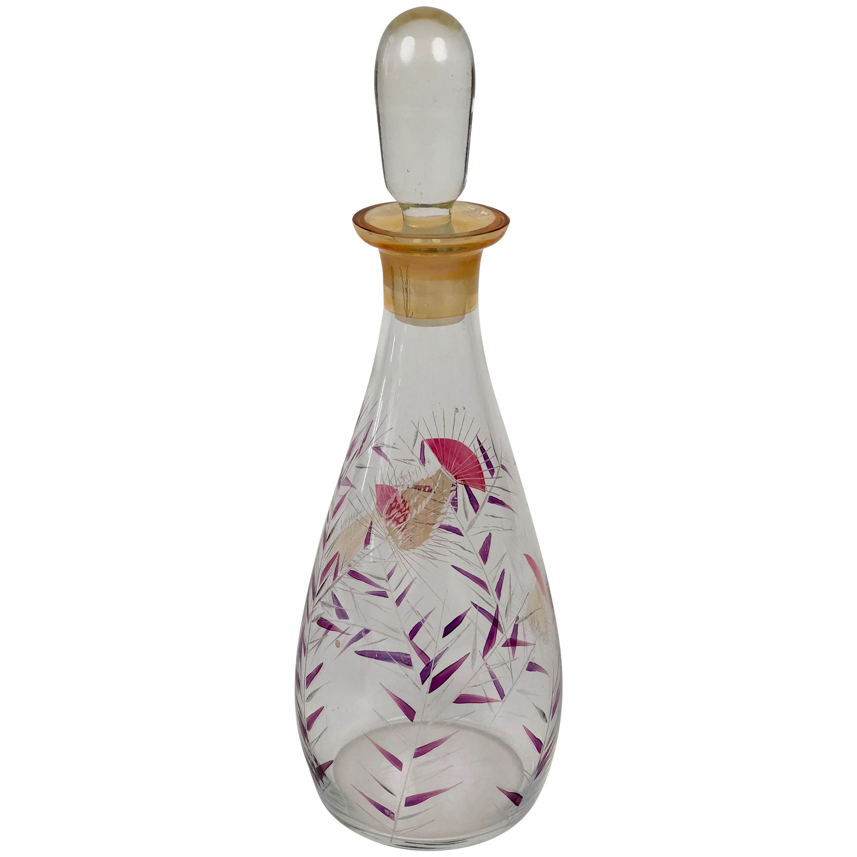 Midcentury Glass Carafe with Hand Painted Thistle Pattern in Cabana Style For Sale