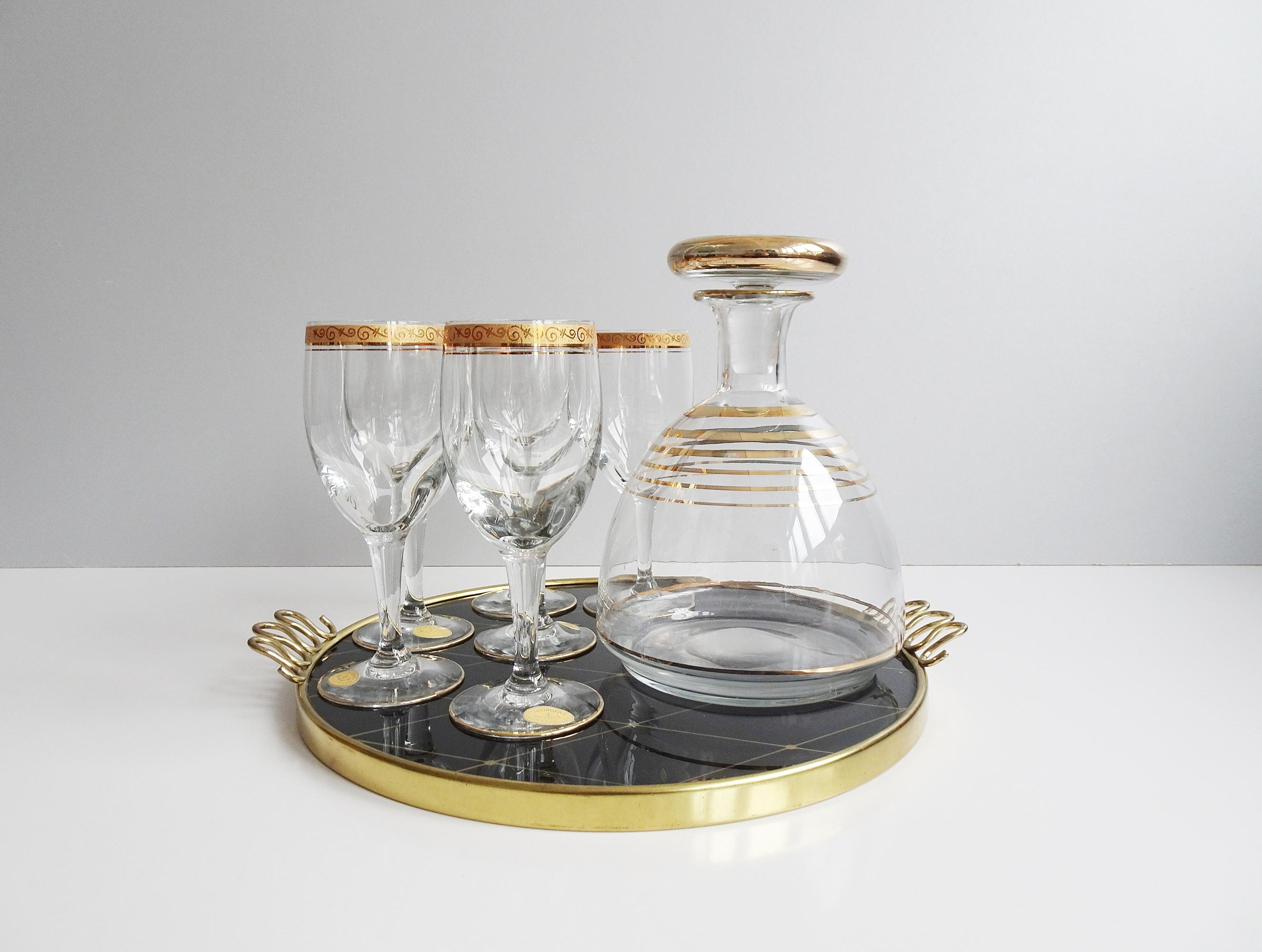 Mid-Century Modern Mid-Century Glass Carafe with Liqueur Set on Tray, France 1950s For Sale