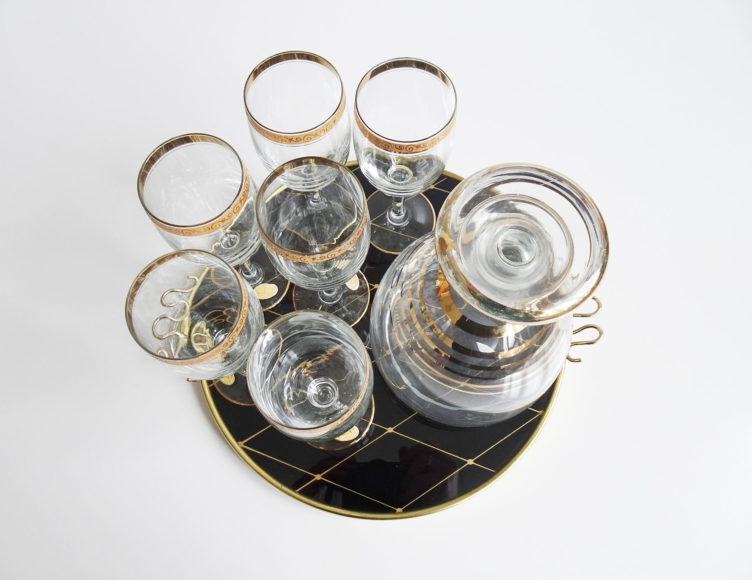 French Mid-Century Glass Carafe with Liqueur Set on Tray, France 1950s For Sale