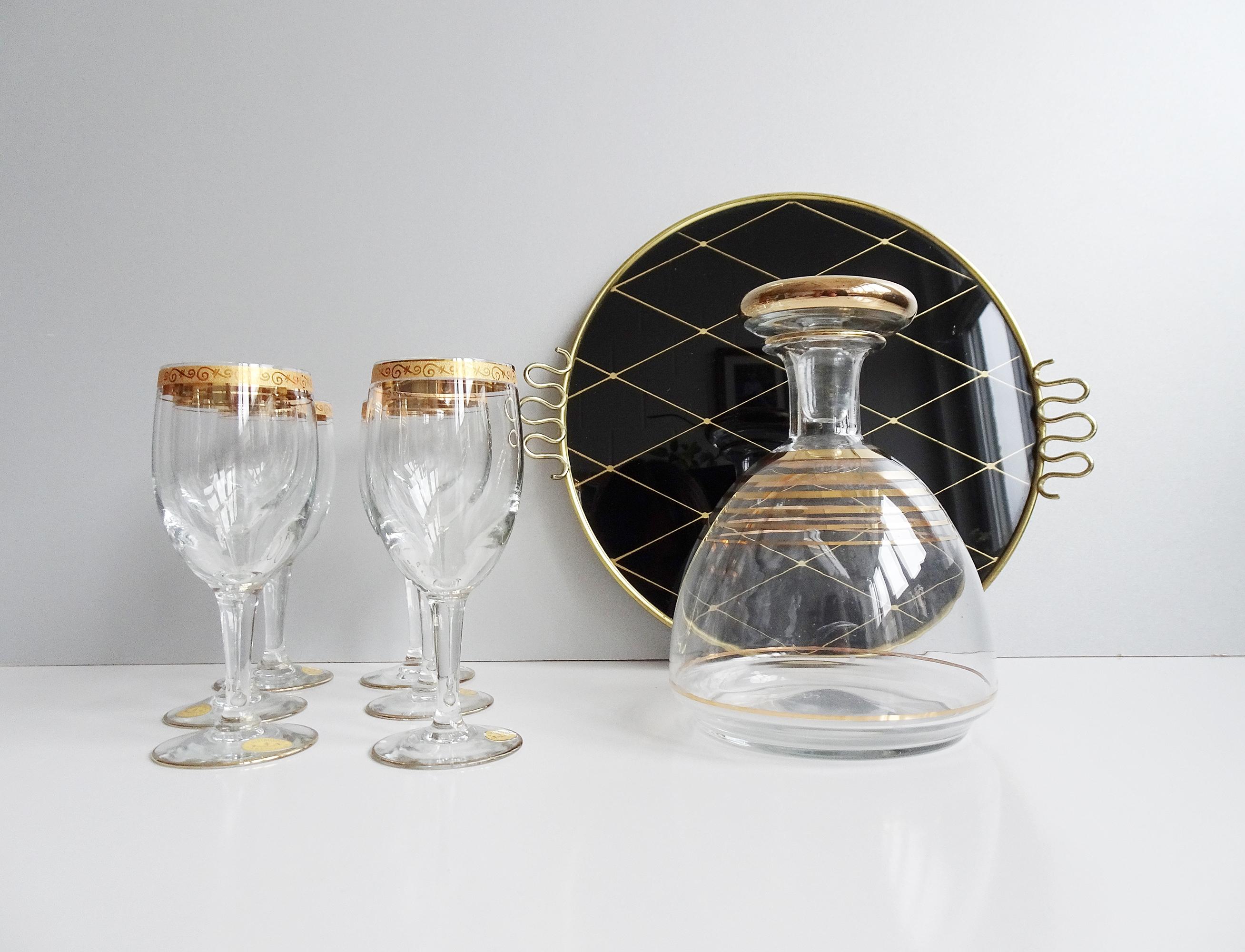 Mid-Century Glass Carafe with Liqueur Set on Tray, France 1950s For Sale 1