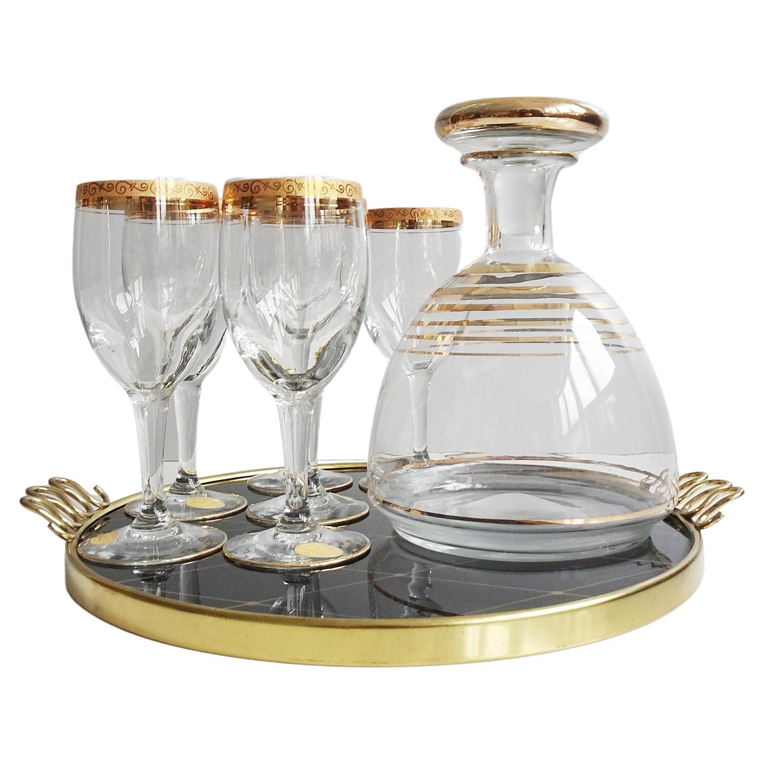 Mid-Century Glass Carafe with Liqueur Set on Tray, France 1950s For Sale
