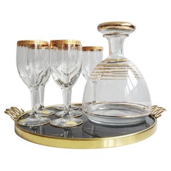 Retro Mid-Century Glass Carafe with Liqueur Set on Tray, France 1950s