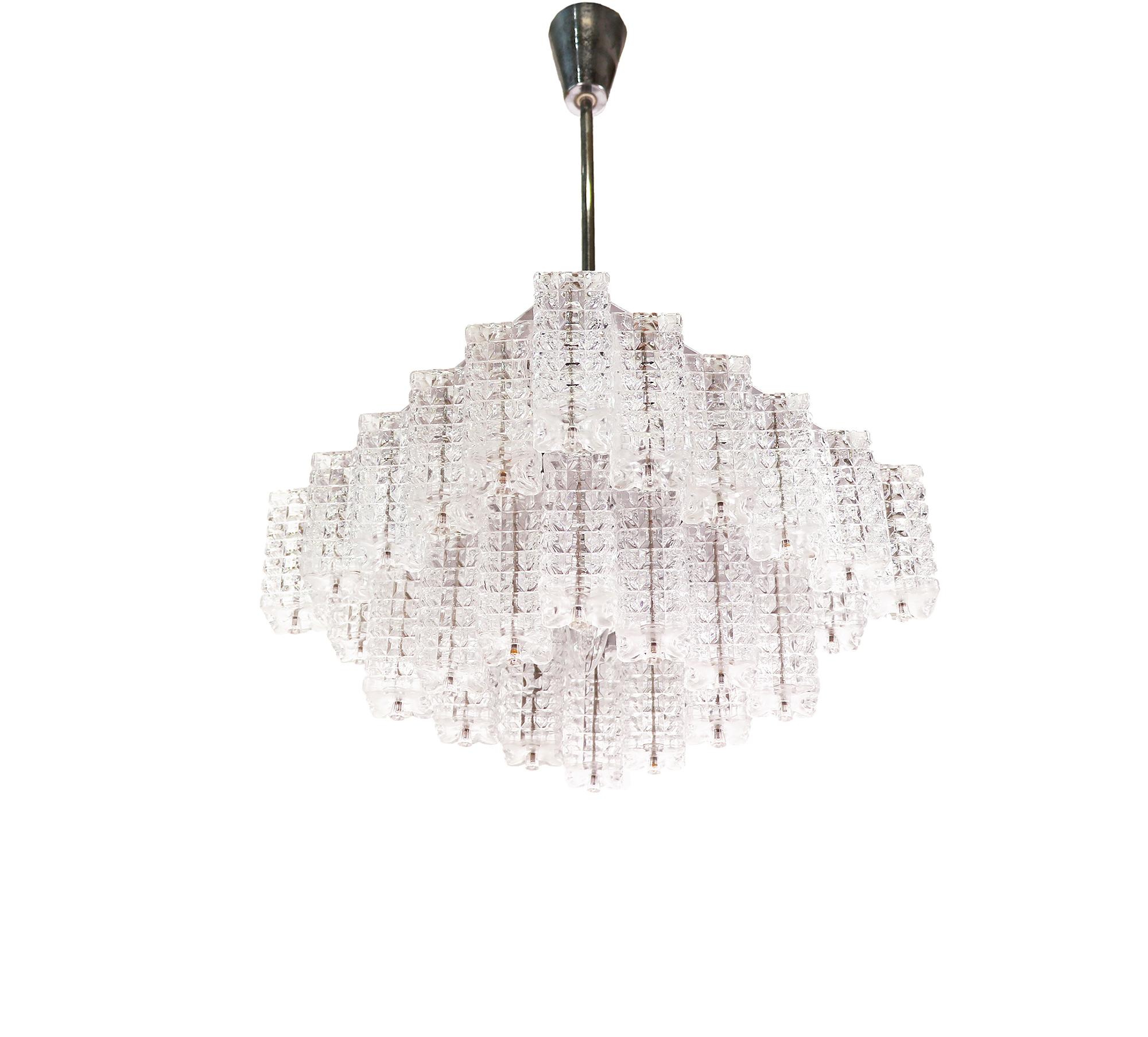 Mid-Century Modern Square Chandelier Glass & Chrome by Austrolux, Vienna, 1960s For Sale